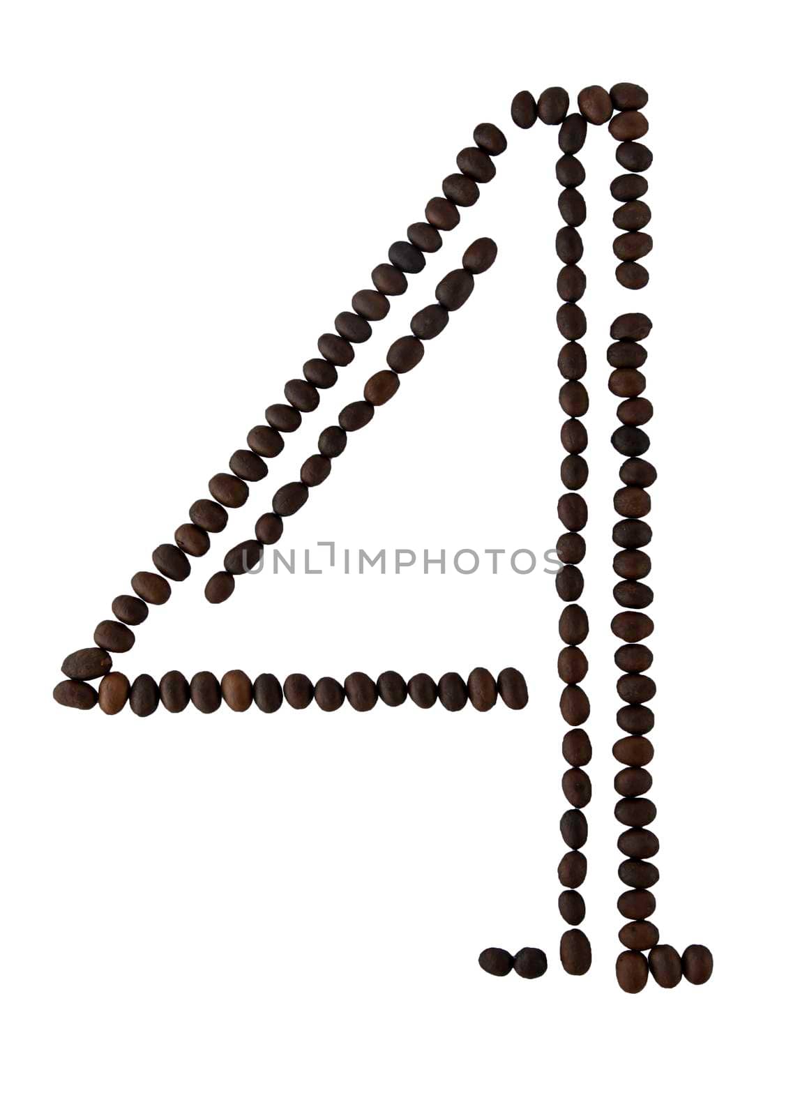 Number 4 made from roasted coffee seeds isolated on white background with clipping path from the top view can use for your messages. Selective focus.