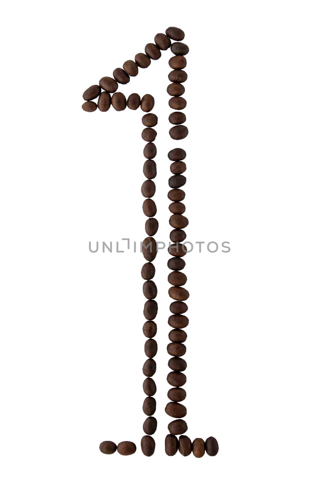 Number 1 made from roasted coffee seeds isolated on white background with clipping path from the top view can use for your messages. Selective focus.