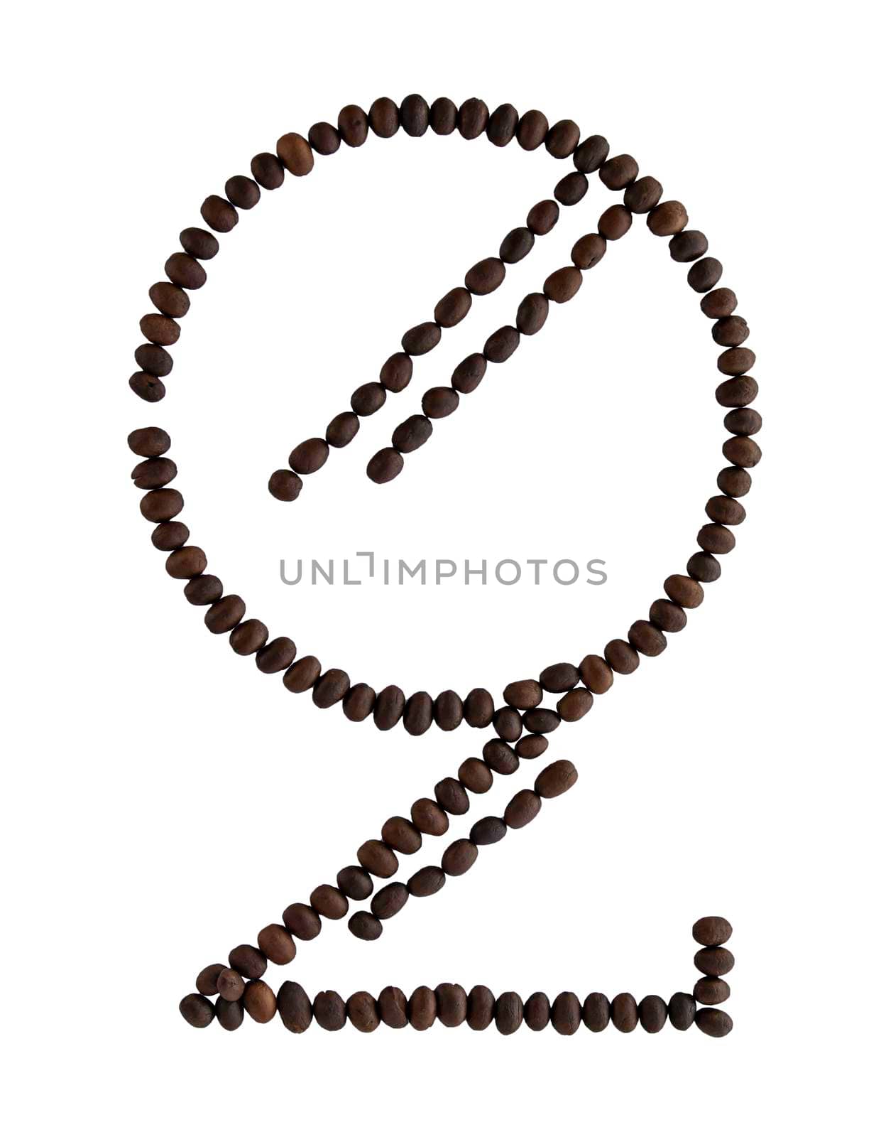 Number 2 made from roasted coffee seeds isolated on white background with clipping path from the top view can use for your messages. Selective focus.