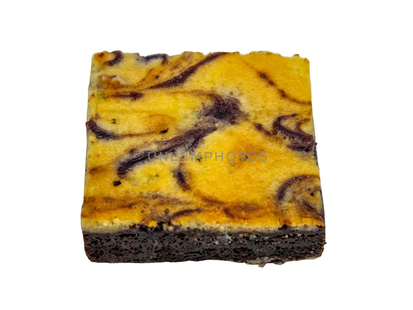 Traditional homemade sweet bread : Marble loaf cake with Chocolate glaze isolated on white background with clipping path. Top view, Selective focus.