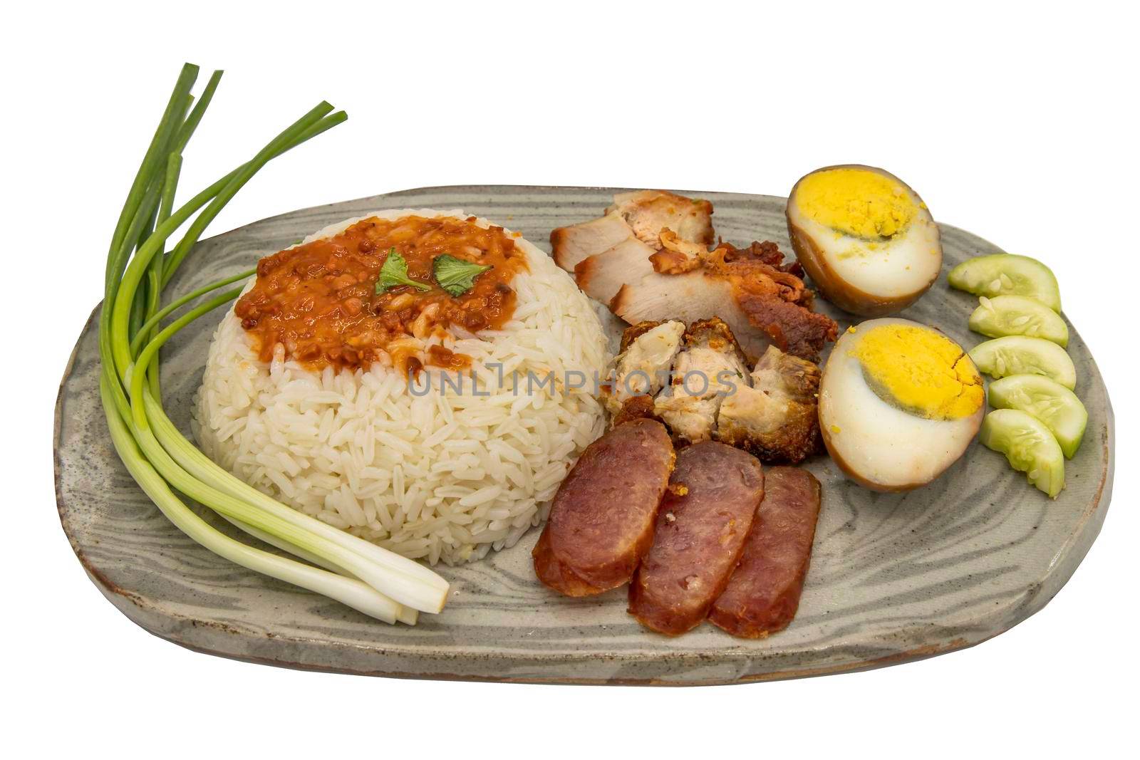 Red pork with rice, Barbecued red pork and crispy pork isolated on white background with clipping path.