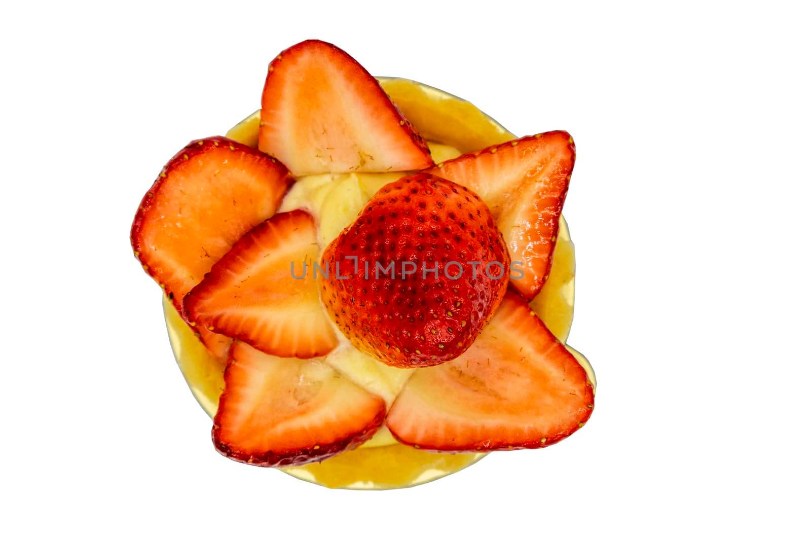 French dessert tart with Strawberry fruit closeup isolated on white background. Strawberry tart is on a golden cardboard cake base with clipping path.