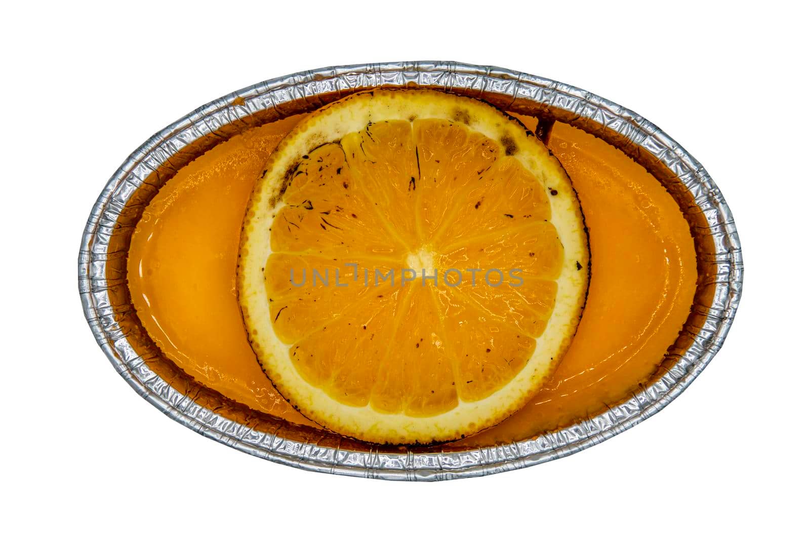 Traditional French sweet dessert : Orange cheese cake isolated on white background with clipping path. Delicious seasonal breakfast. Top view, Selective focus.