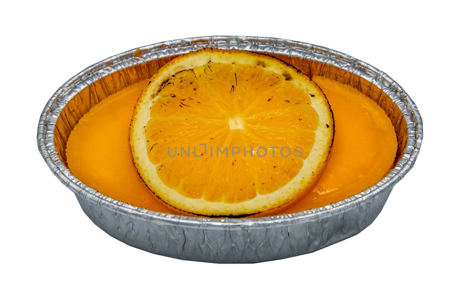 Traditional French sweet dessert : Orange cheese cake isolated on white background with clipping path. Delicious seasonal breakfast. Selective focus.