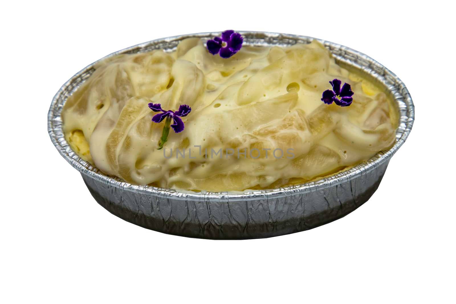 Fusion thai sweet dessert : Toddy palm cheese cake isolated on white background with clipping path. Delicious seasonal breakfast. Selective focus.