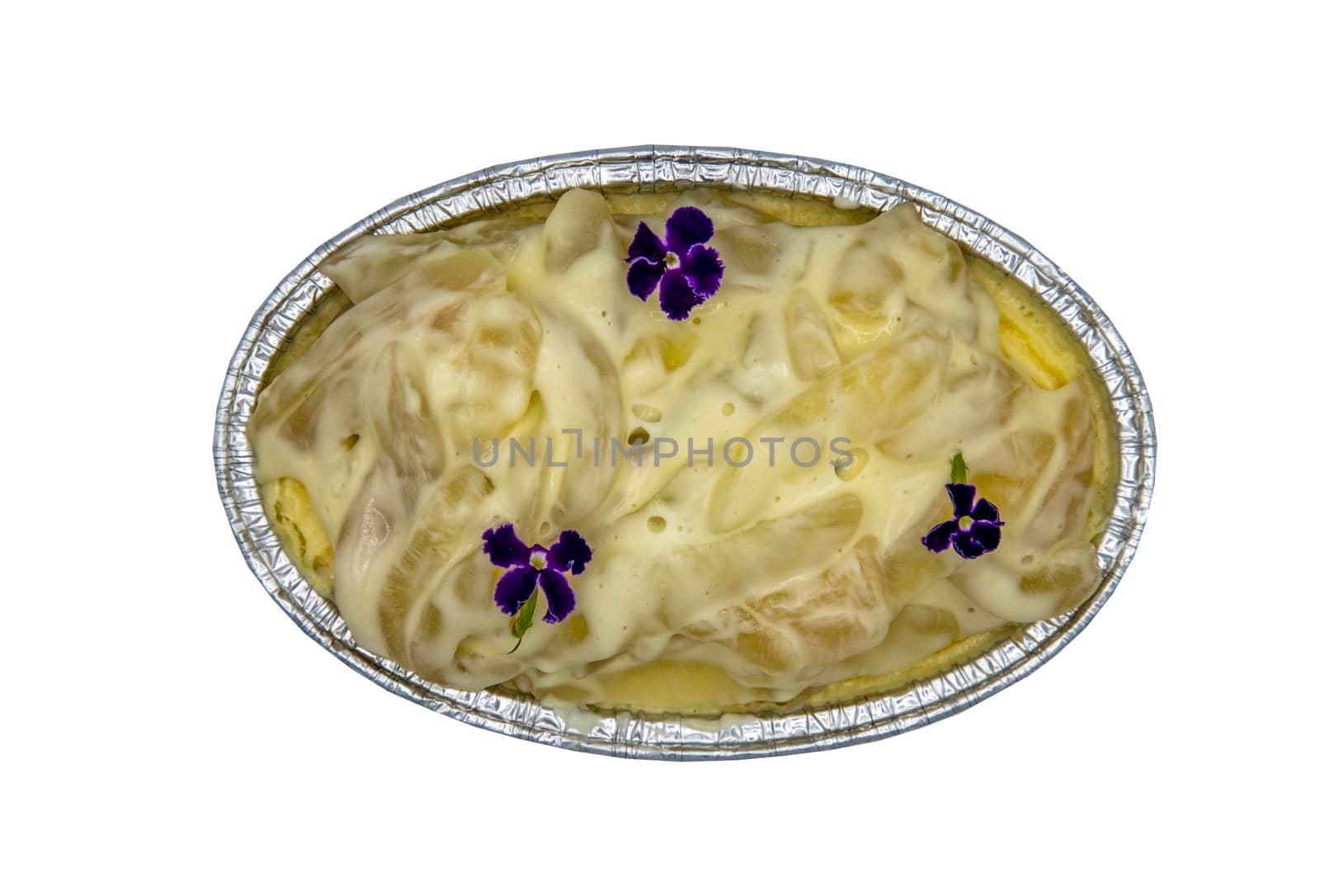 Fusion thai sweet dessert : Toddy palm cheese cake isolated on white background with clipping path. Delicious seasonal breakfast. Top view, Selective focus.