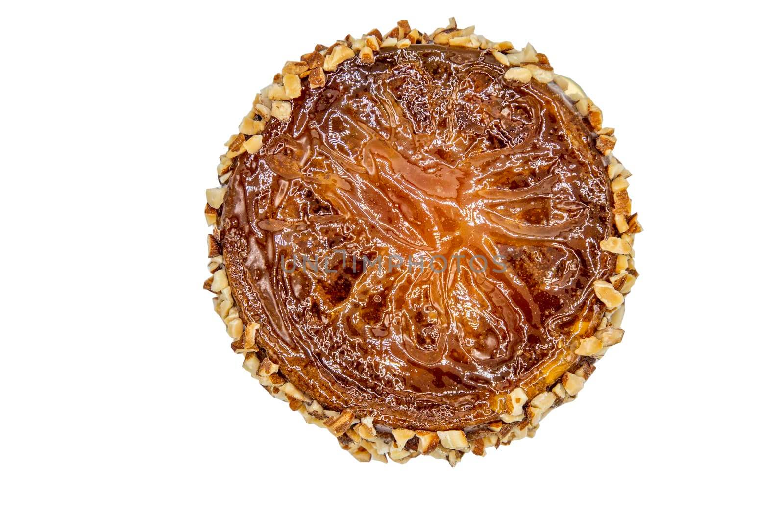 Fusion thai sweet dessert : Bael fruit cake isolated on white background with clipping path. Delicious seasonal breakfast. Top view, Selective focus.