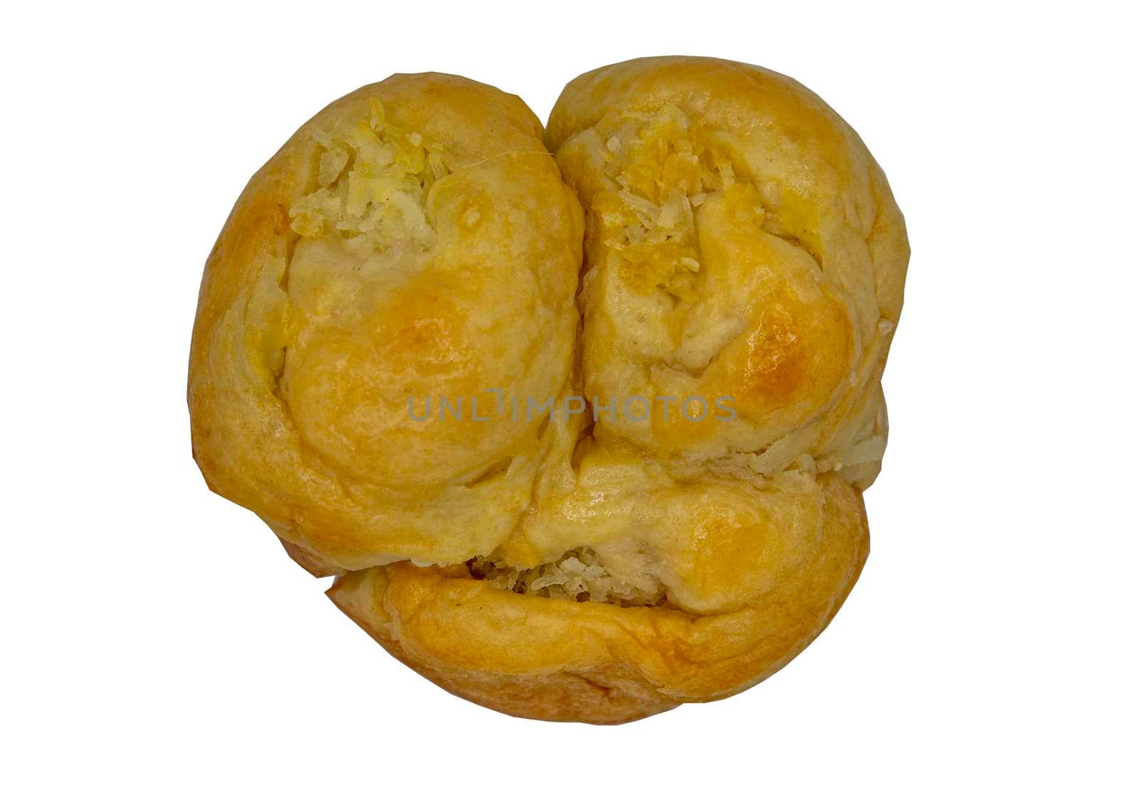 Traditional homemade bread thai : Coconut Bread bake isolated on white background with clipping path. Top view, Selective focus.