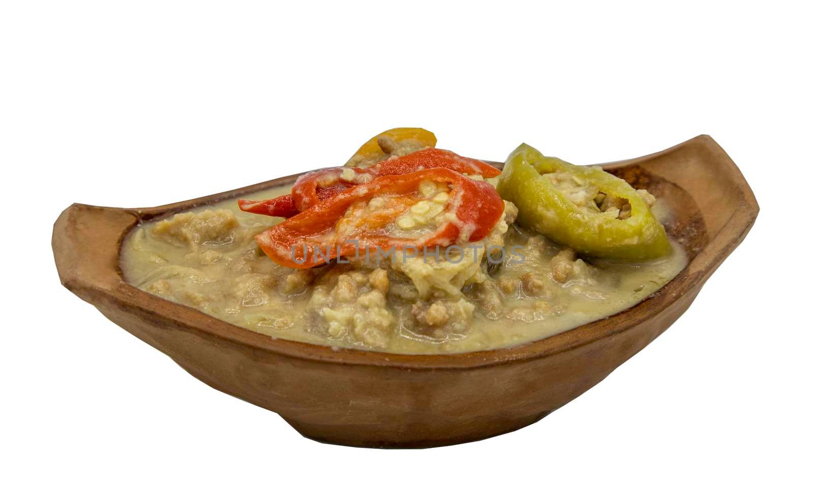 Soya Bean dipping sauce with pork in coconut milk dip (Tow Jieow Lon or Lon Taochiao) isolated on white background with clipping path. Selective focus.