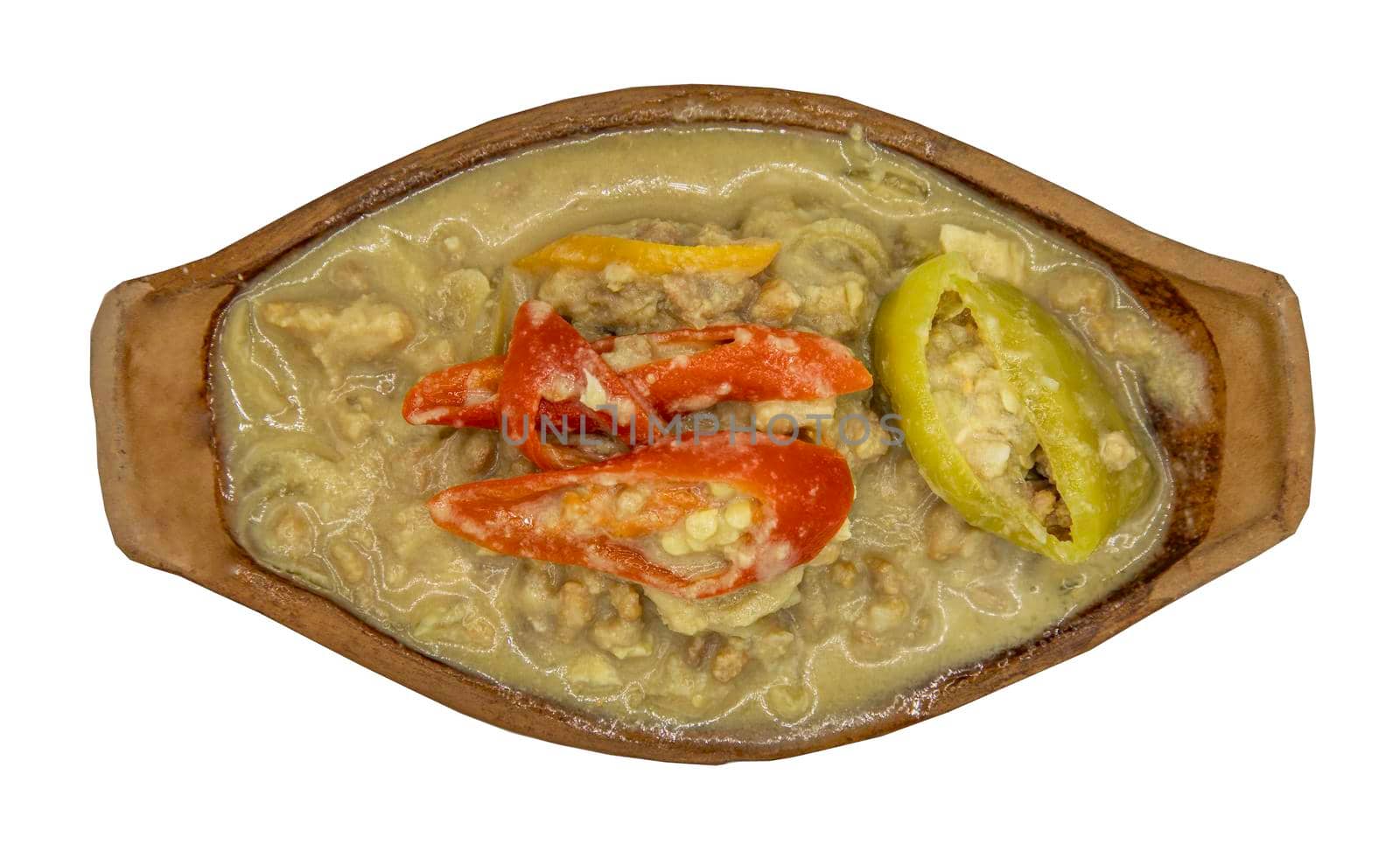 Soya Bean dipping sauce with pork in coconut milk dip (Tow Jieow Lon or Lon Taochiao) isolated on white background with clipping path. Top view, Selective focus.