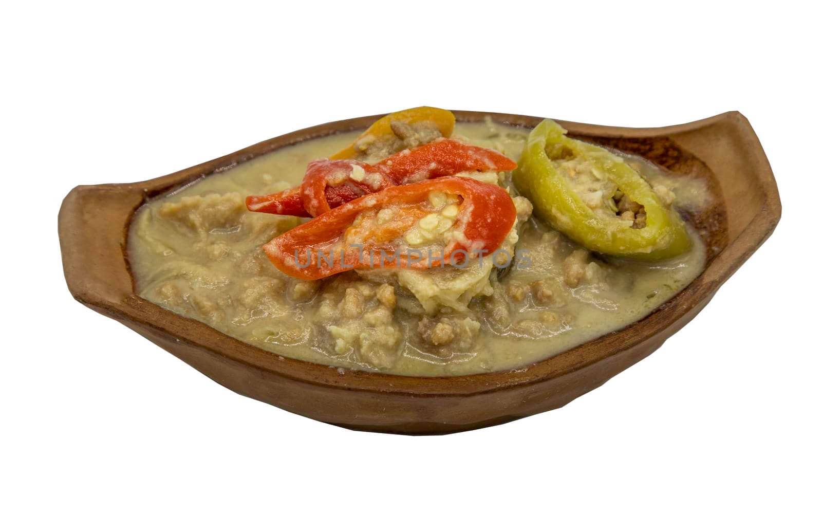 Soya Bean dipping sauce with pork in coconut milk dip (Tow Jieow Lon or Lon Taochiao) isolated on white background with clipping path. Selective focus.