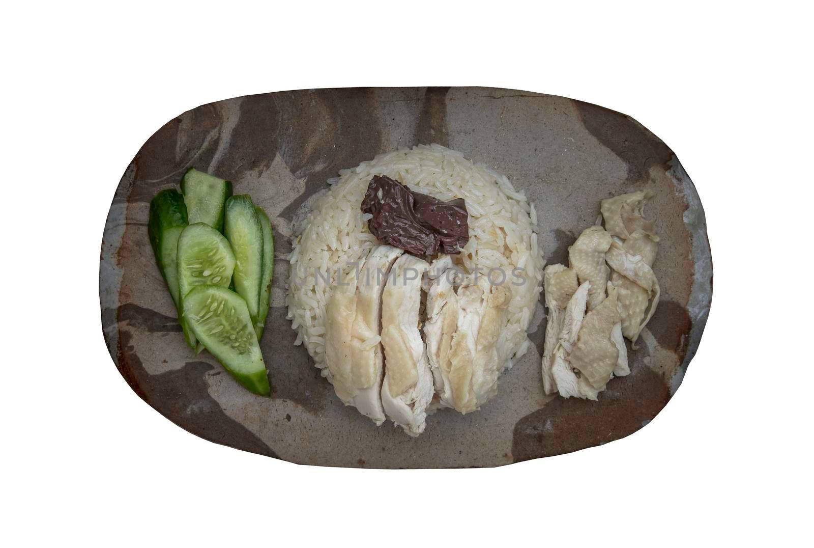 Hainanese chicken rice (Steam chicken with rice) isolated on white background. Hainanese chicken rice with clipping path.