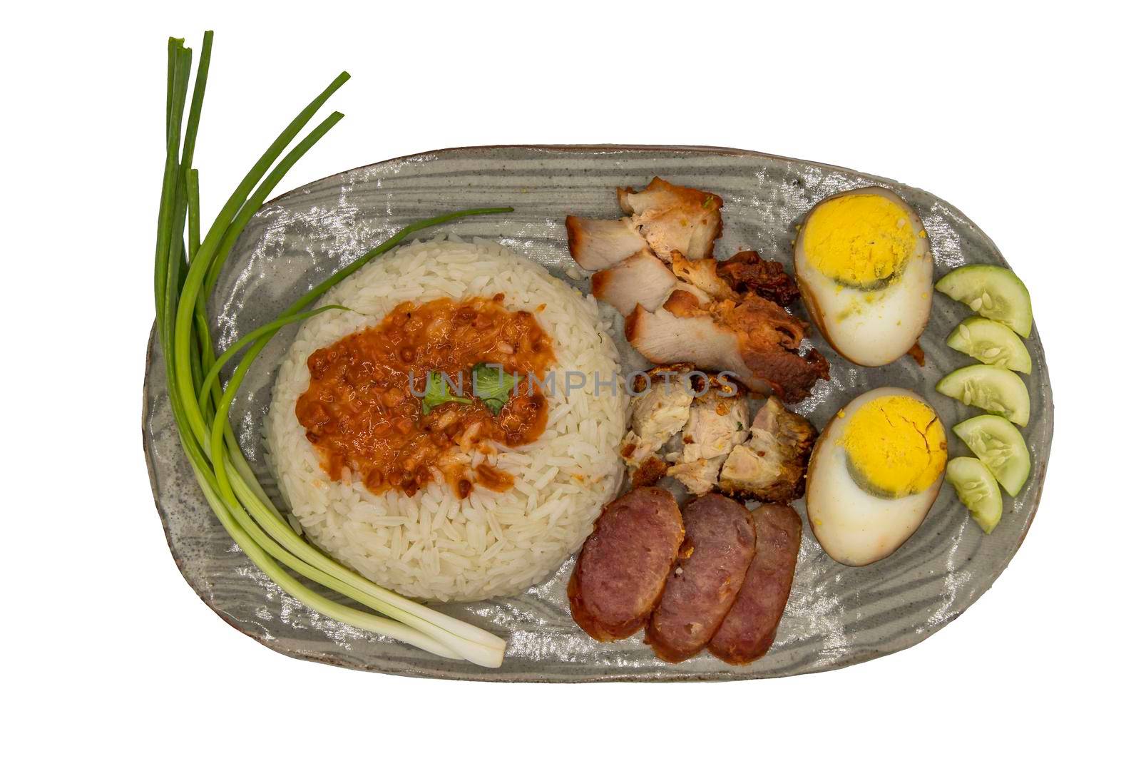 Red pork with rice, Barbecued red pork and crispy pork isolated on white background with clipping path.