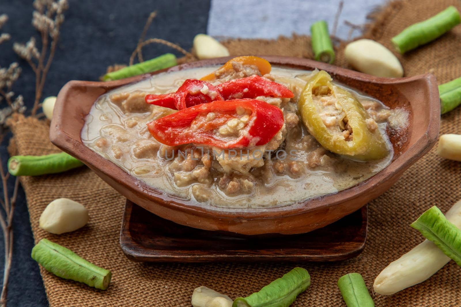 Thai style food : Soya Bean dipping sauce with pork in coconut milk dip (Tow Jieow Lon or Lon Taochiao). Delicious and famous Thailand food.