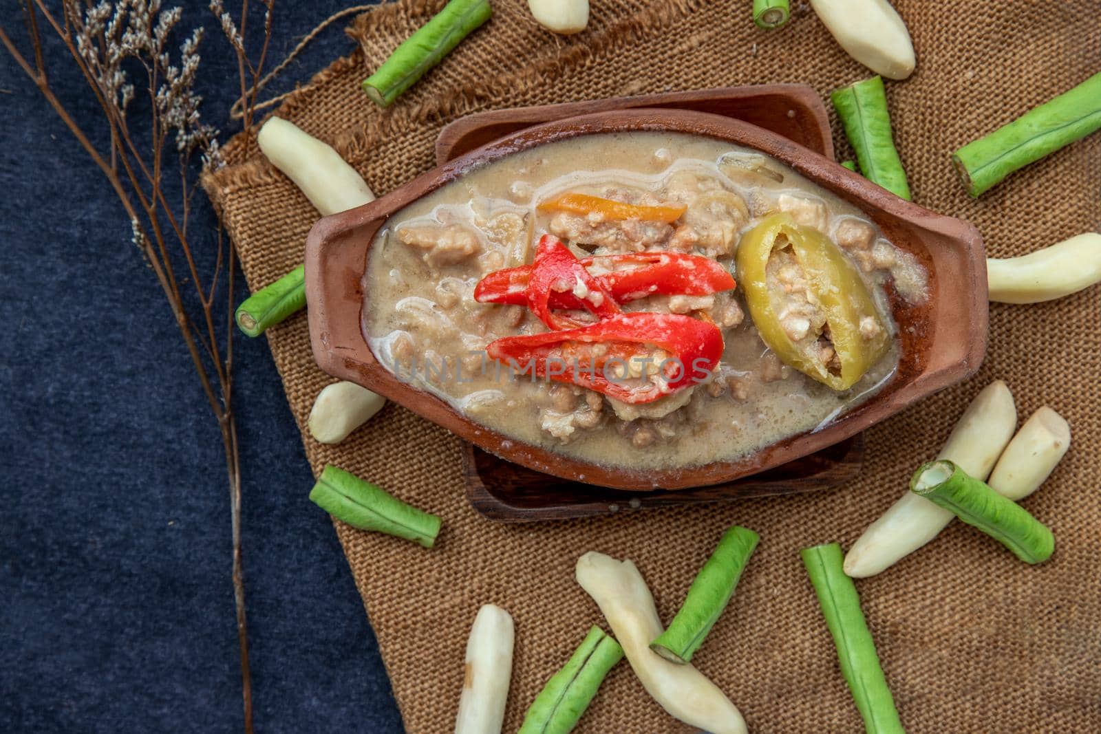 Thai style food : Soya Bean dipping sauce with pork in coconut milk dip (Tow Jieow Lon or Lon Taochiao). Delicious and famous Thailand food.
