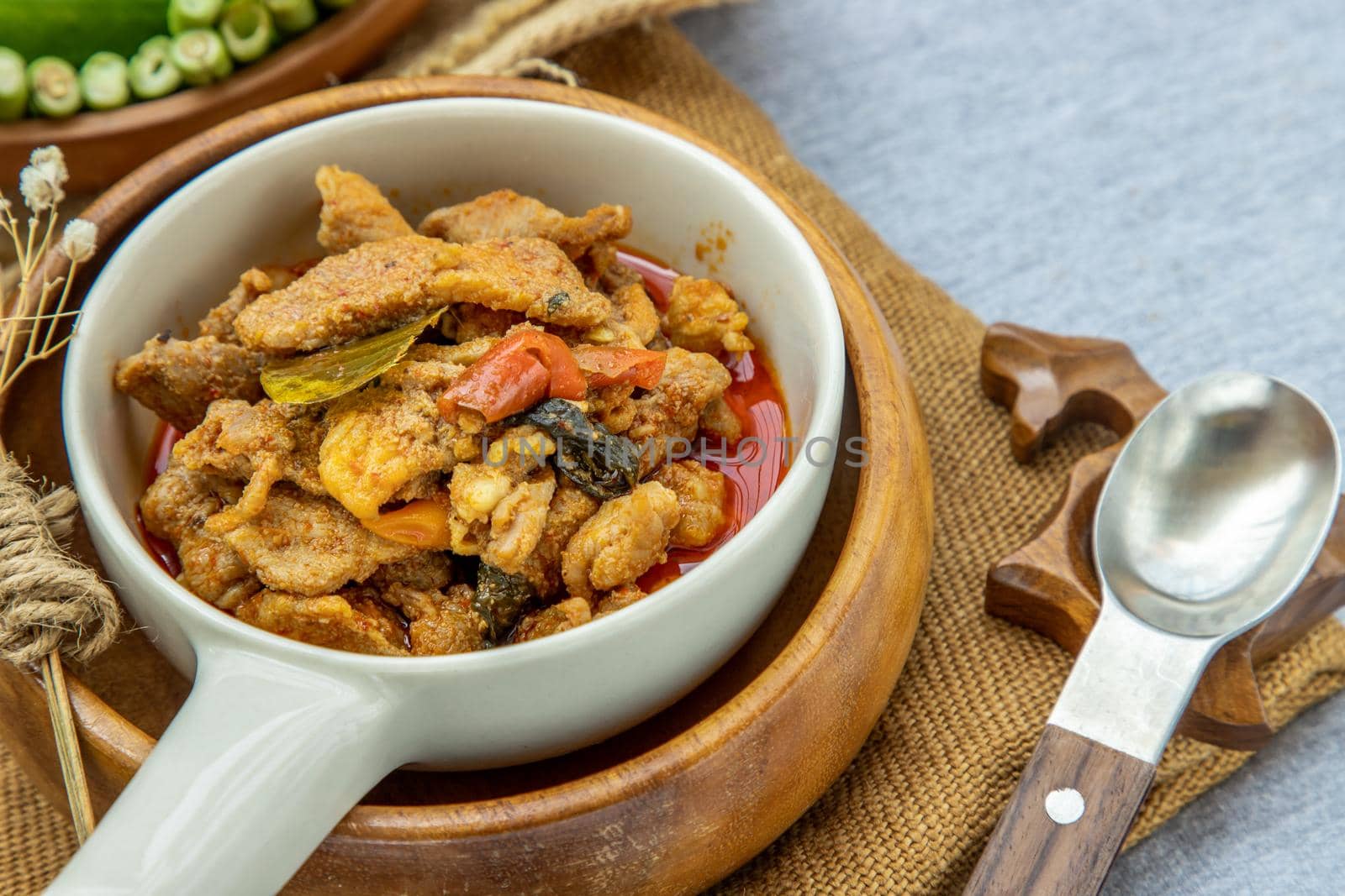 Thai style food : Panaeng Curry with Pork menu with Coconut milk (Dried red pork coconut curry). Delicious and famous Thailand food.