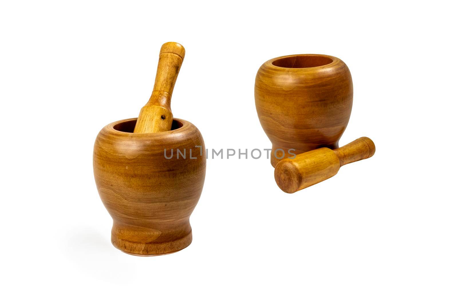 Wooden mortar and pestle against white background by ben44