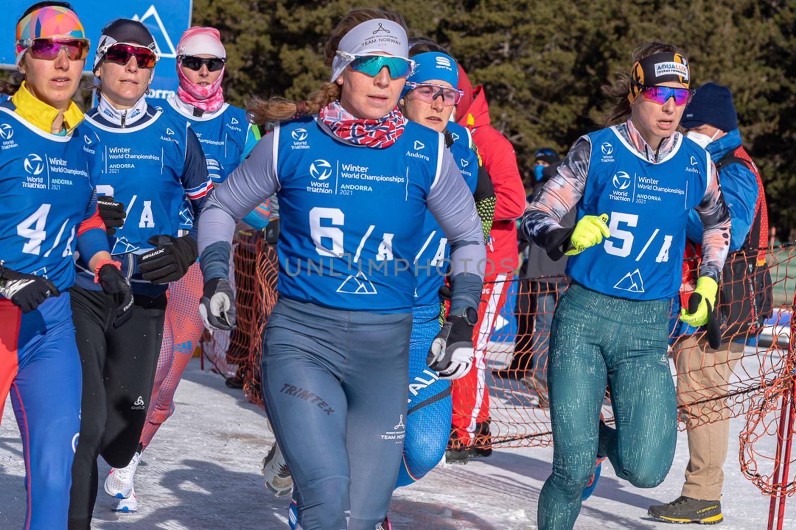 Naturlandia, Andorra : 2021 March 21 : Athletes at the start in the 2021 World Triathlon Winter Championships Andorra