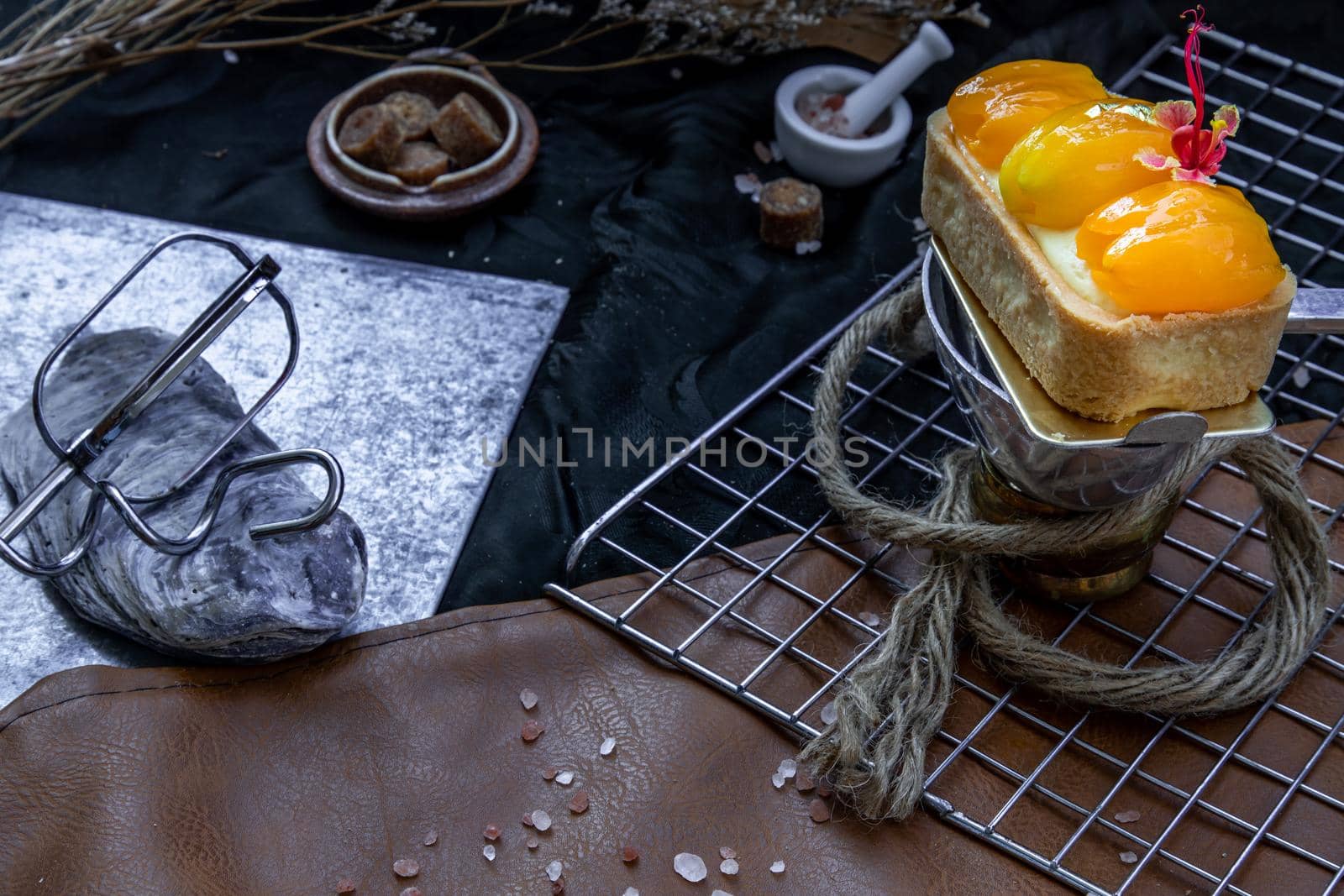 Traditional French sweet dessert : Mayomgchid tart on beautiful background. One piece, Delicious seasonal breakfast, Selective focus.