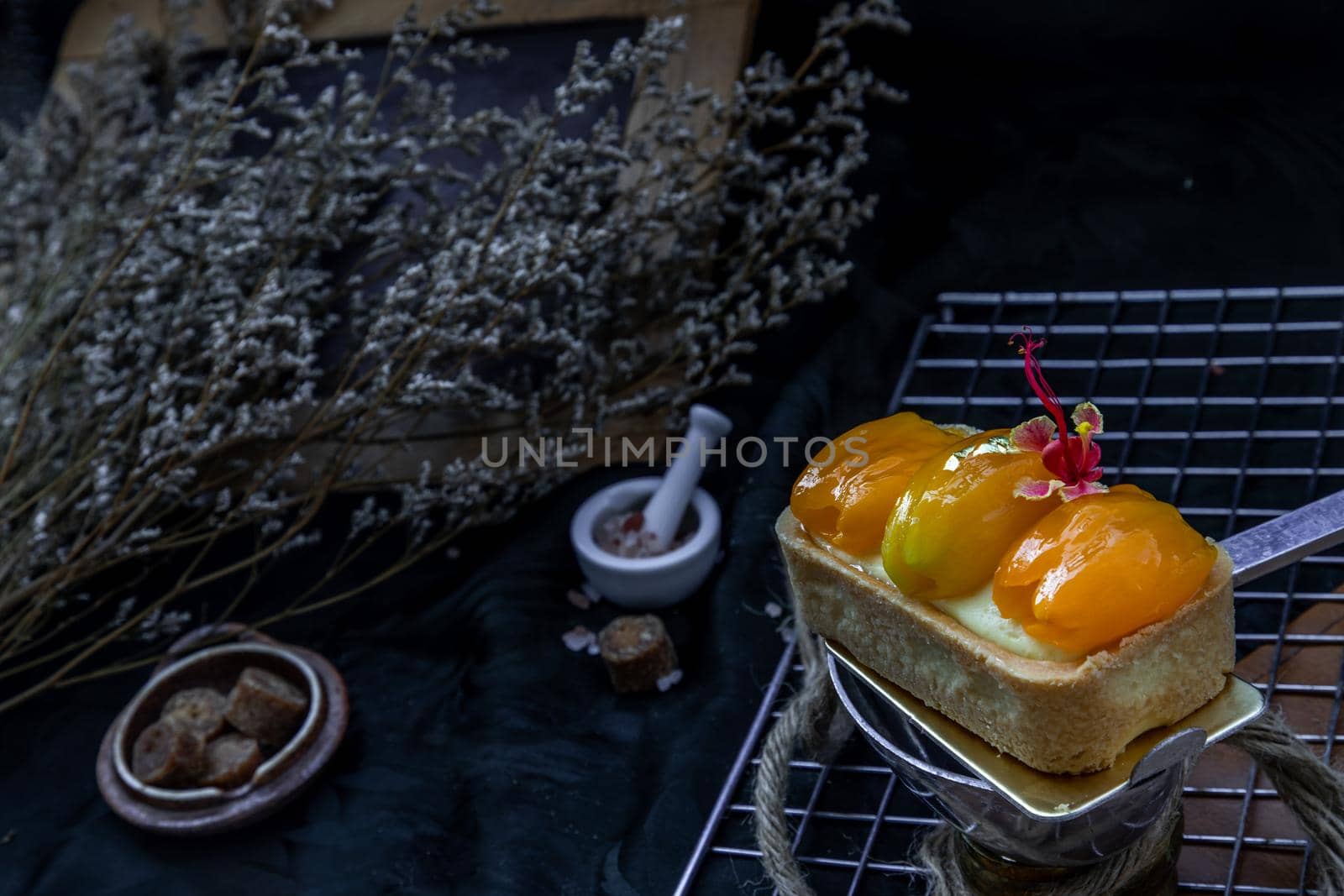 Traditional French sweet dessert : Mayomgchid tart on beautiful background. One piece, Delicious seasonal breakfast, Selective focus.