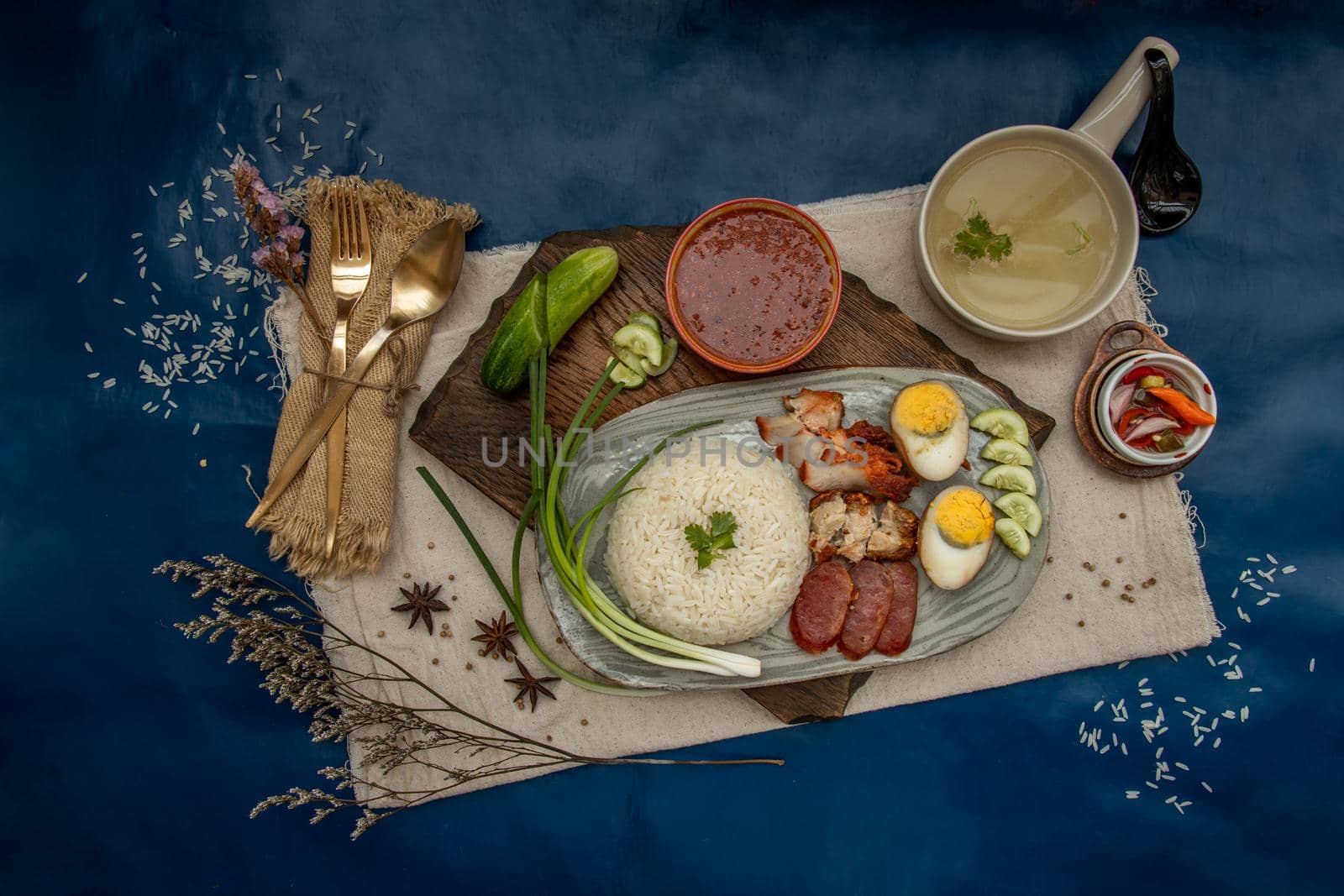 Red pork with rice (Kao Moo Dang) : Thai Style Red Barbecue Pork, duck egg and crispy pork belly, sliced cucumber with red sauce and broth. Horizontal top view