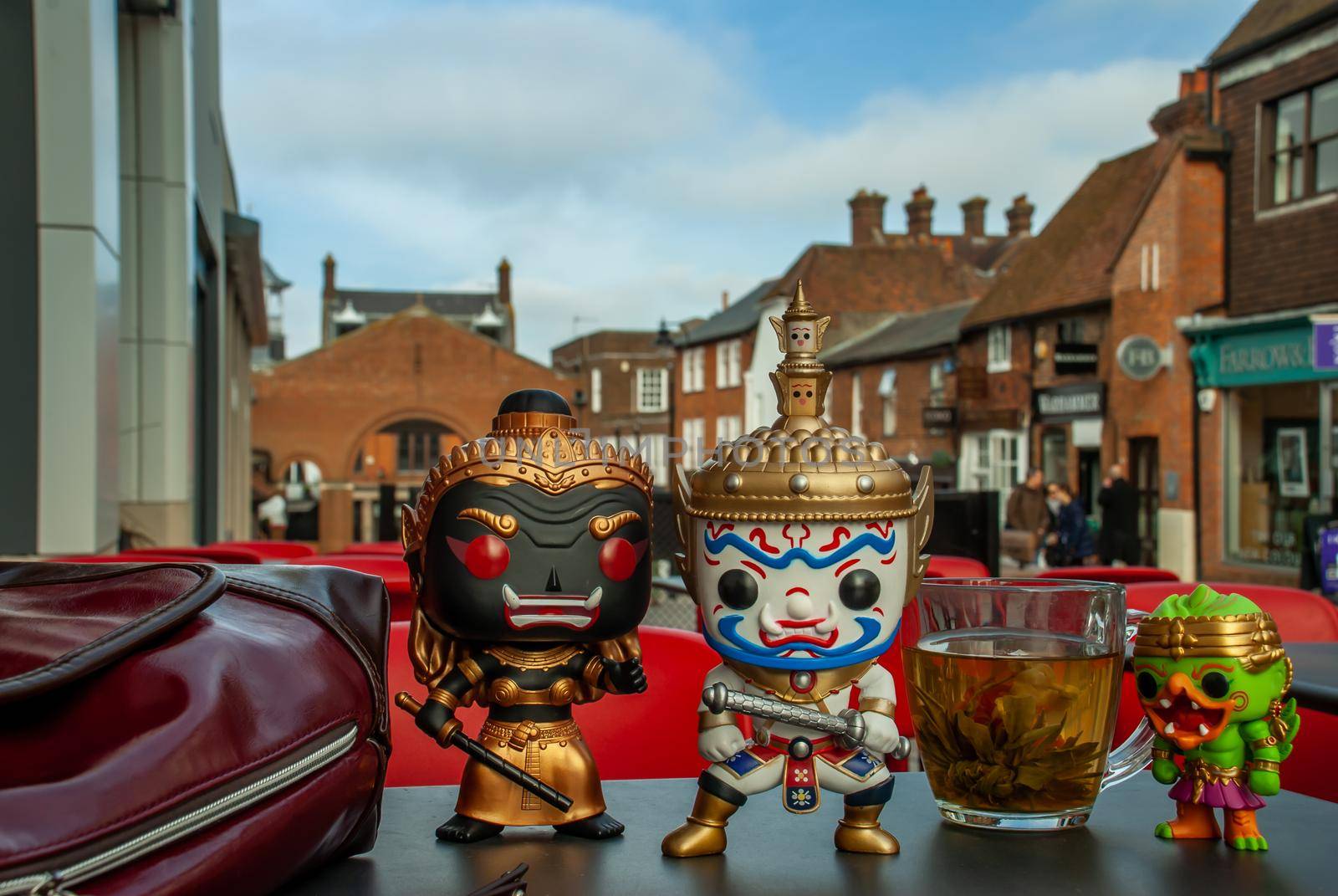London, England - Jan 13, 2019 : Ravana, Giantess and Hanuman Happy traveller visiting in England. Traveller doll.