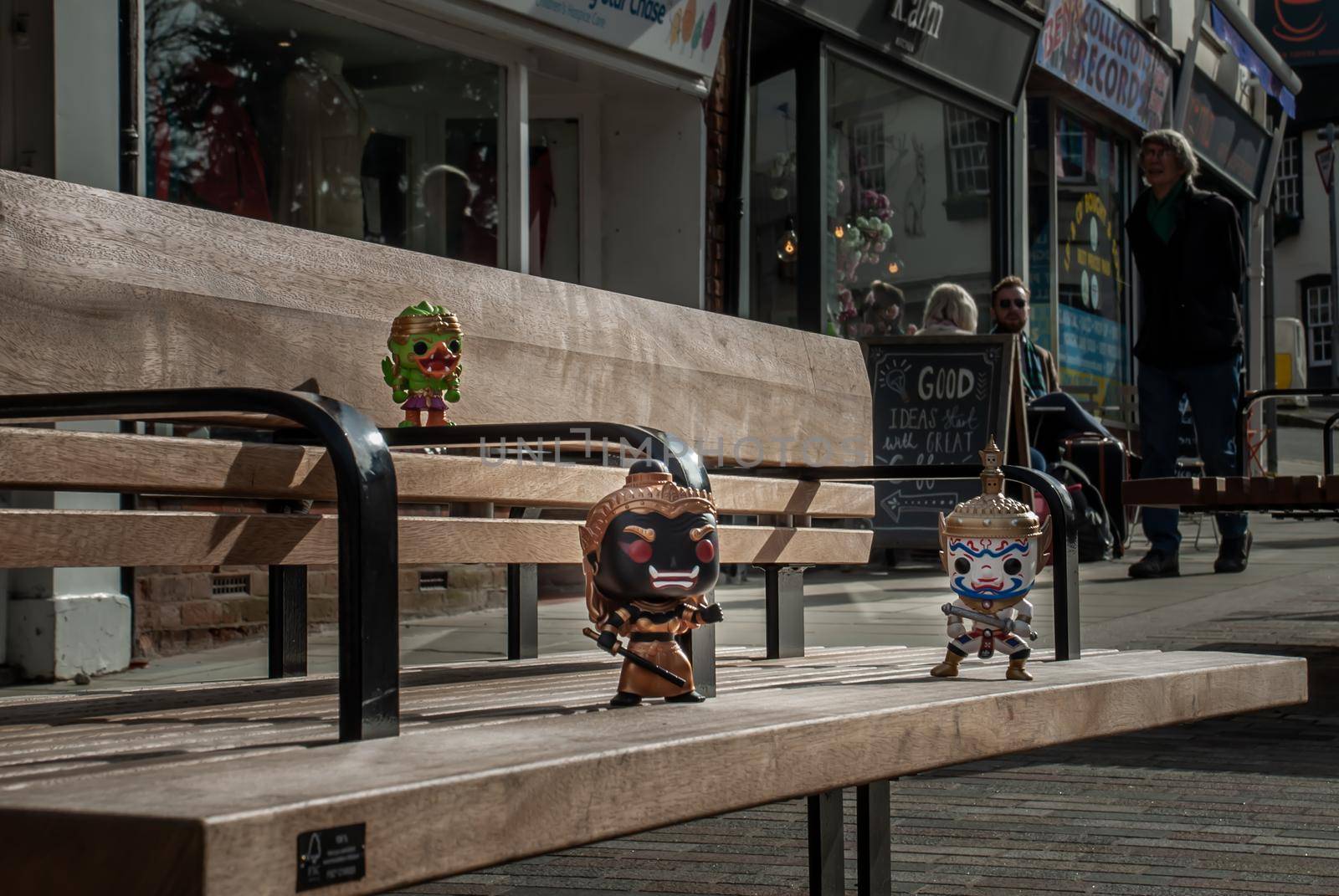 London, England - Jan 13, 2019 : Ravana, Giantess and Hanuman Happy traveller visiting in England. Traveller doll.