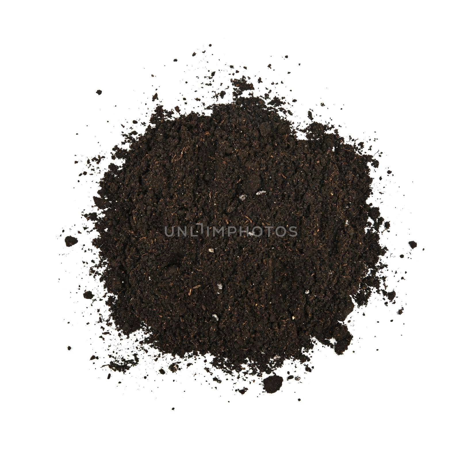 Close up one heap of black humus soil isolated over white background, elevated top view, directly above