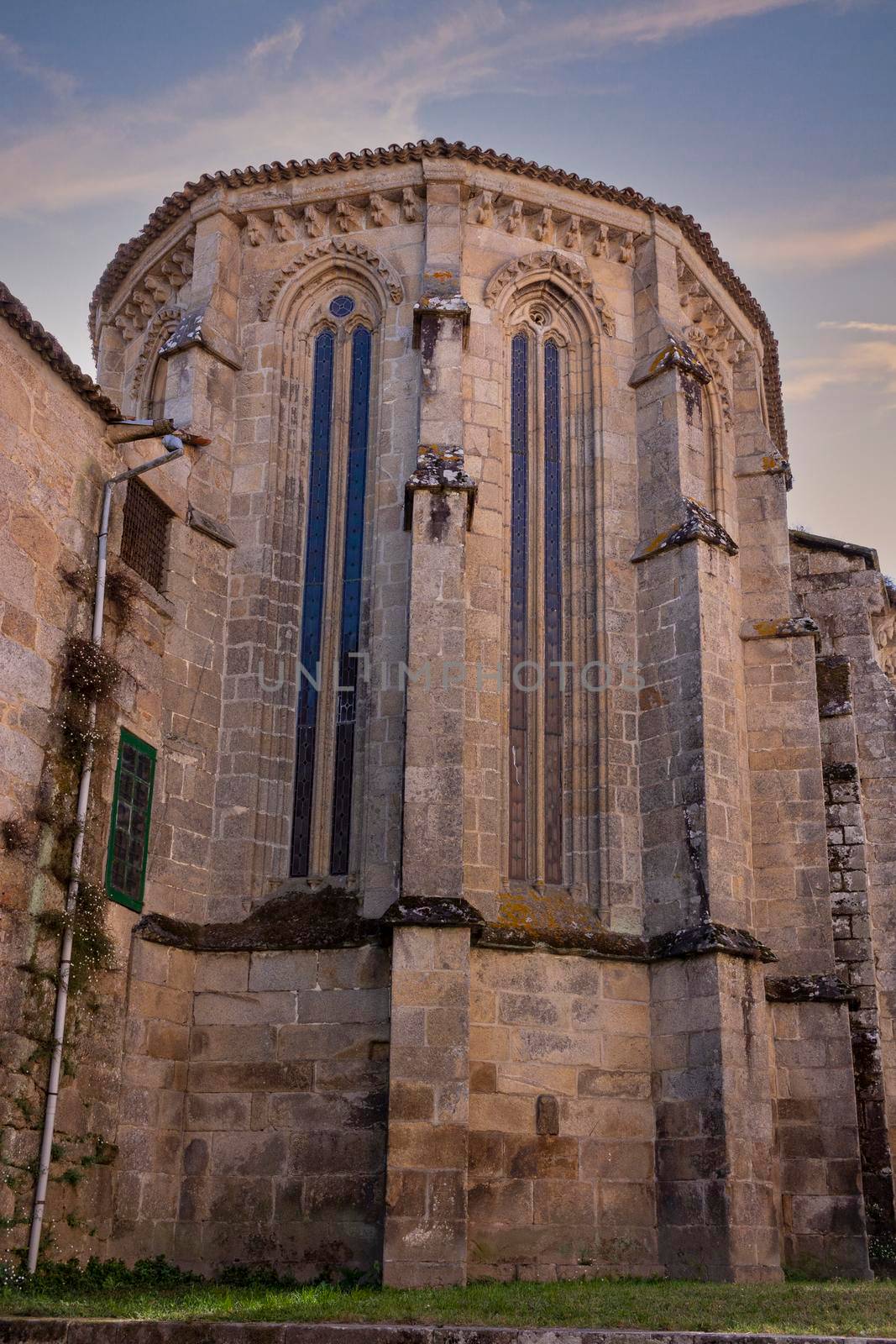 Stone church with stained glass in Galicia in Spain
