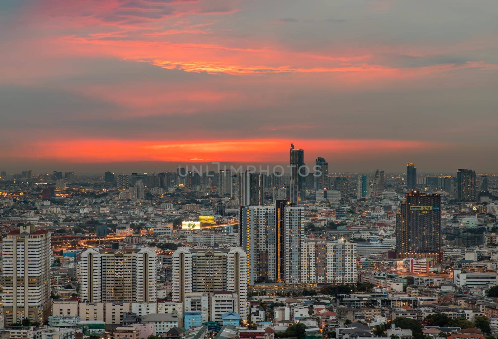 Bangkok, thailand - May 11, 2020 : Sky view of Bangkok with skyscrapers in the business district in Bangkok in the evening beautiful twilight give the city a modern style. Selective focus.