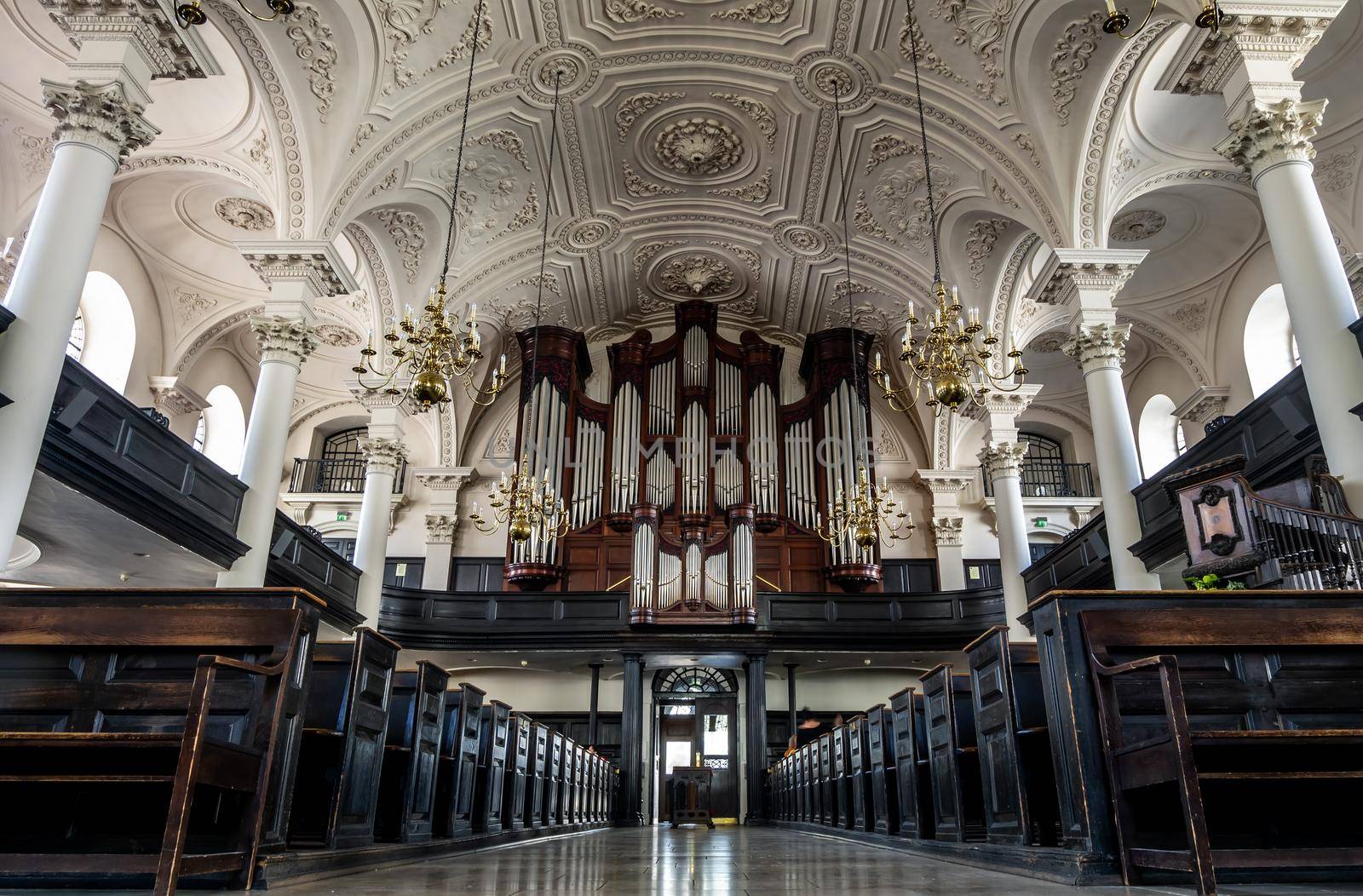 LONDON, UK - APR 19, 2019 : St Martin in the Field church interior at the north-east corner of Trafalgar Square.