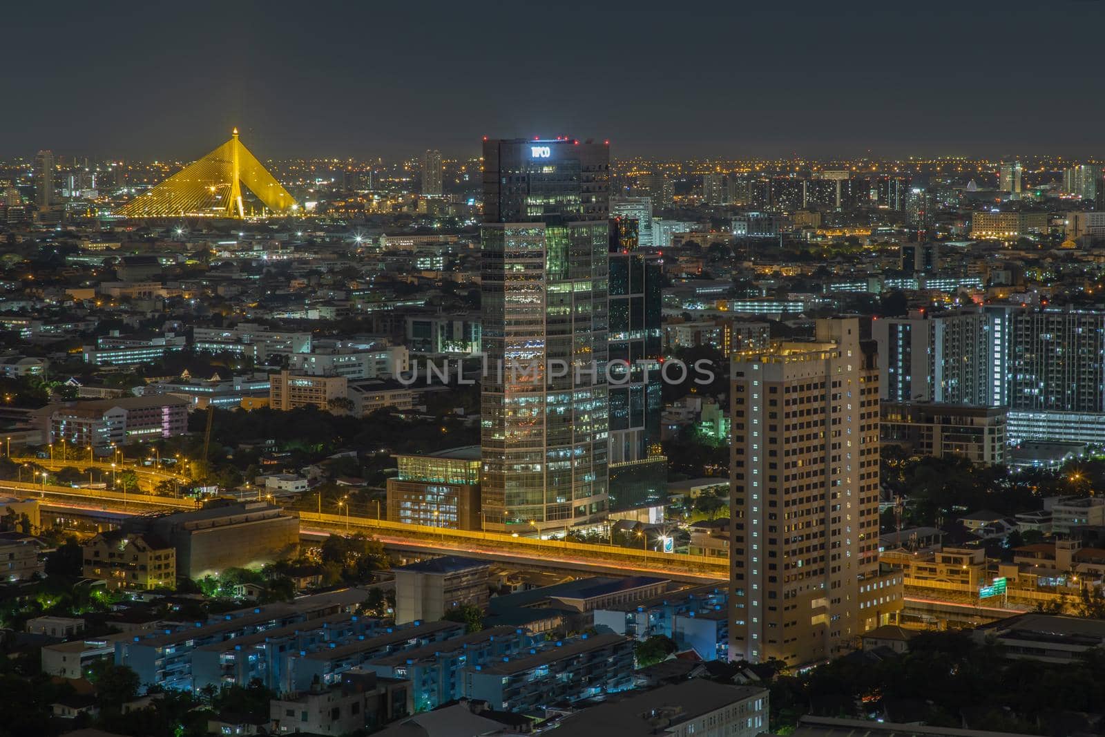 Bangkok, thailand - Aug 28, 2020 : Bangkok downtown cityscape with skyscrapers at night give the city a modern style. Selective focus.
