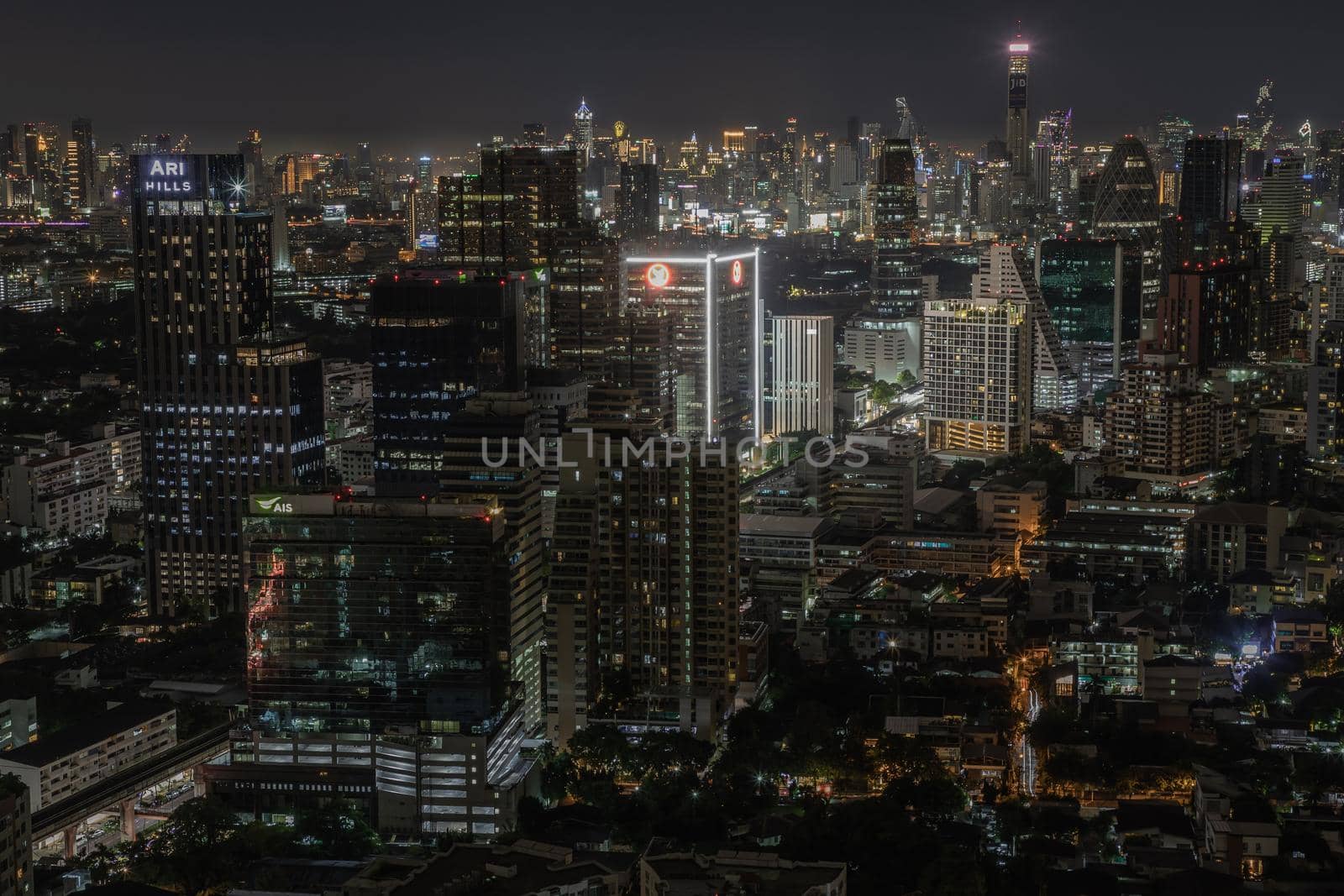 Bangkok, thailand - Aug 28, 2020 : Bangkok downtown cityscape with skyscrapers at night give the city a modern style. Selective focus.