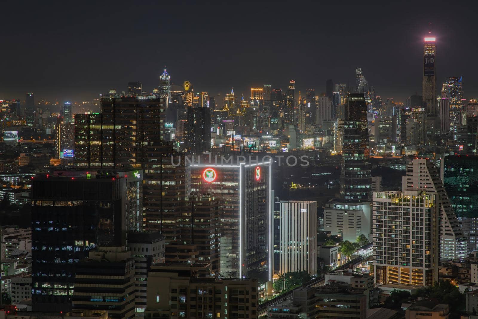 Bangkok, thailand - Aug 28, 2020 : Bangkok downtown cityscape with skyscrapers at night give the city a modern style. Selective focus.