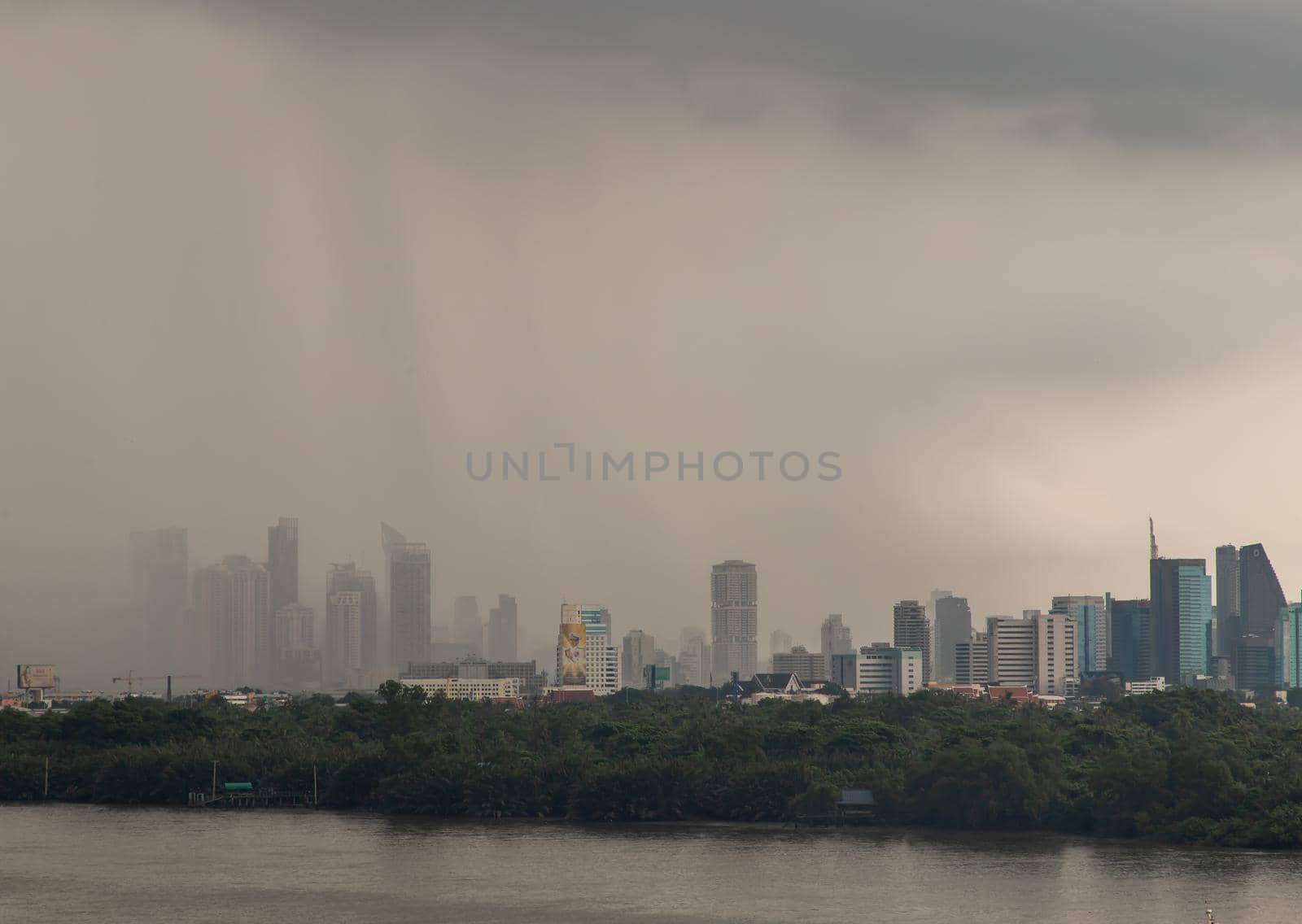Bangkok, thailand - Oct 03, 2020 : PM 2.5 or Heavy smog was covered the Bangkok building the morning.There are air pollution under heavy cloud. No focus, specifically.