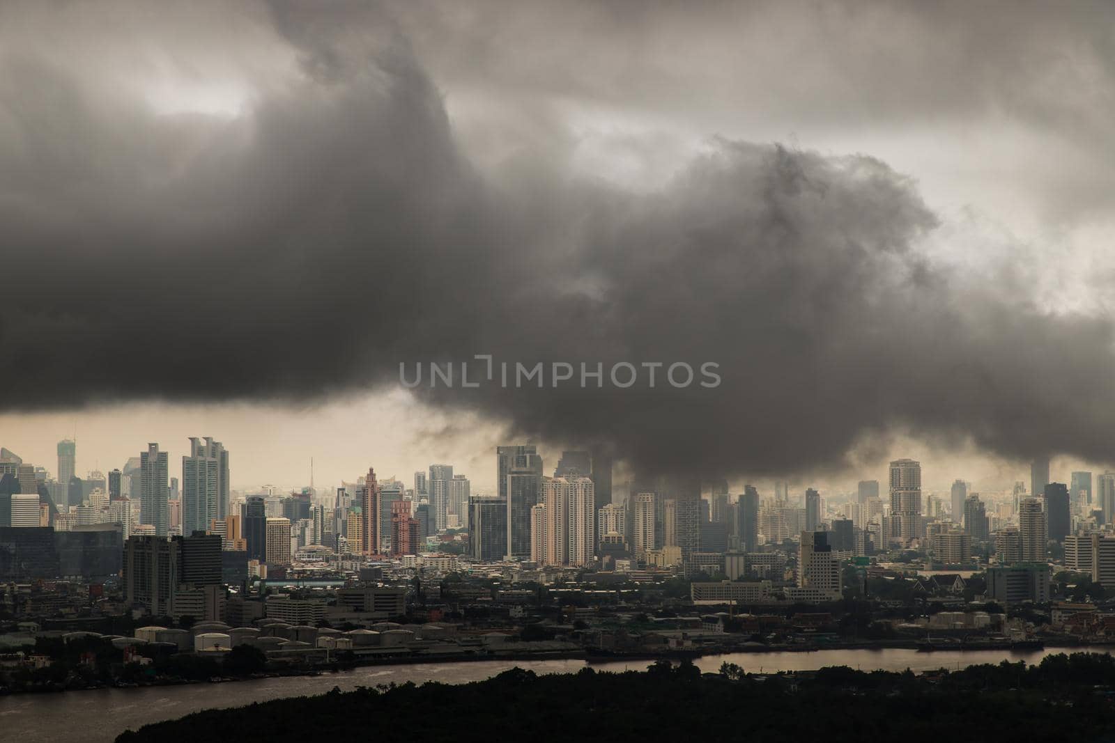 Bangkok, thailand - Oct 16, 2020 : PM 2.5 or Heavy smog was covered the Bangkok building the morning.There are air pollution under heavy cloud. No focus, specifically.
