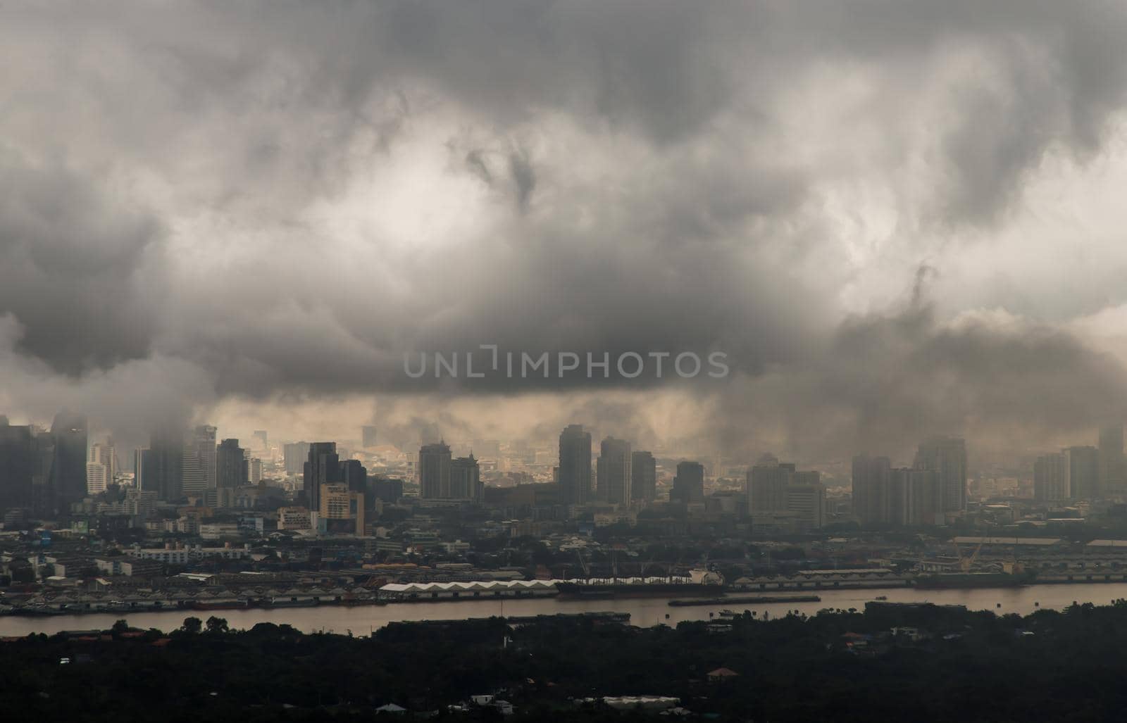 Bangkok, thailand - Oct 16, 2020 : PM 2.5 or Heavy smog was covered the Bangkok building the morning.There are air pollution under heavy cloud. No focus, specifically.