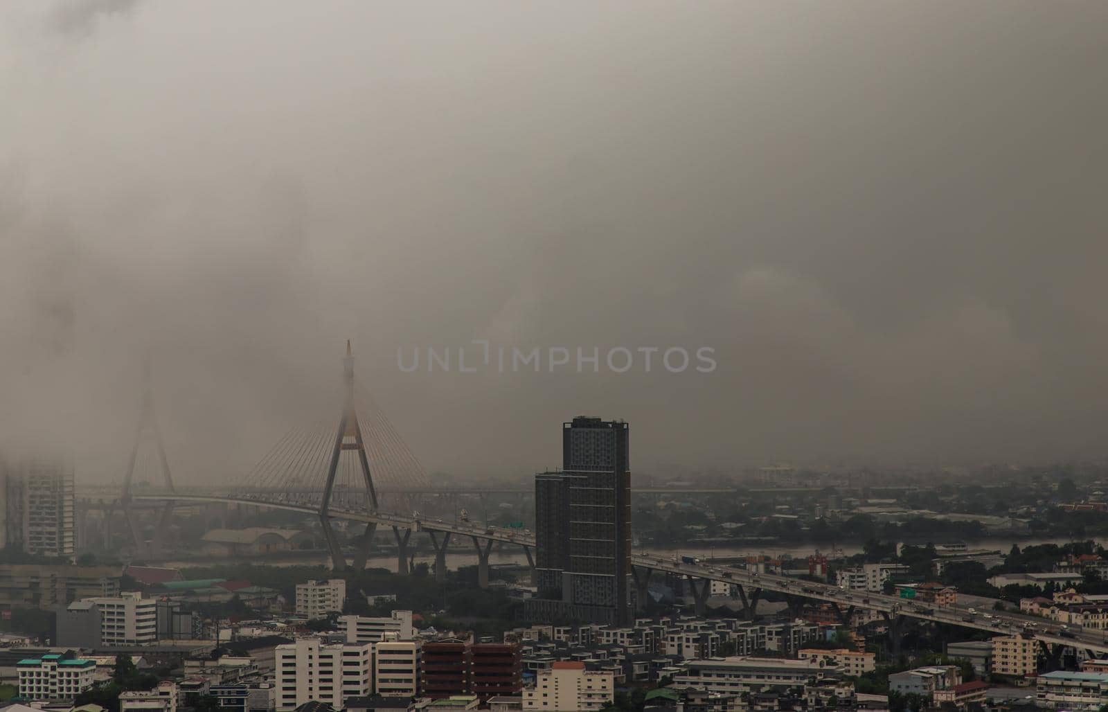 Bangkok, thailand - Oct 16, 2020 : PM 2.5 or Heavy smog was covered the Bangkok building the morning.There are air pollution under heavy cloud. Focus and blur.