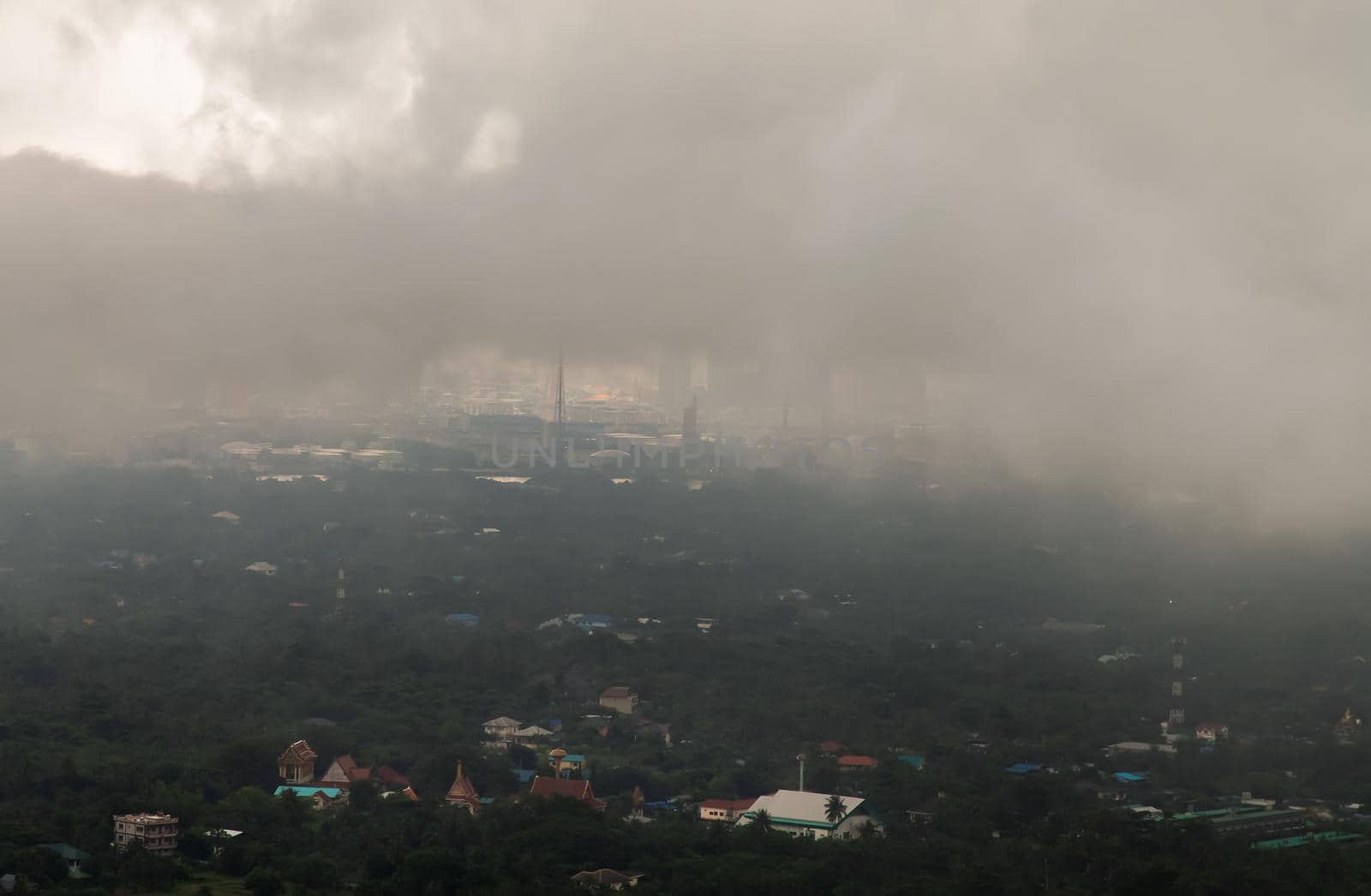 Bangkok, thailand - Oct 16, 2020 : PM 2.5 or Heavy smog was covered the Bangkok building the morning.There are air pollution under heavy cloud. Focus and blur.
