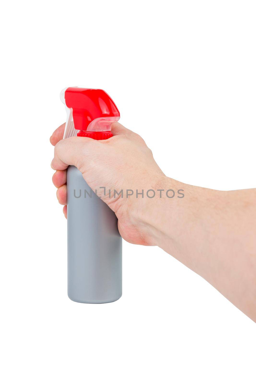 bare white hand holding gray plastic spray bottle - isolated on white background.