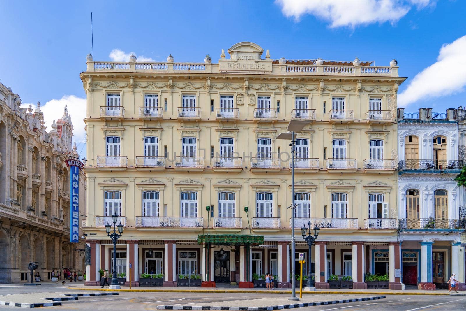 Havana Cuba. November 25, 2020: Exterior view of the Inglaterra hotel in Havana, a place visited by tourists