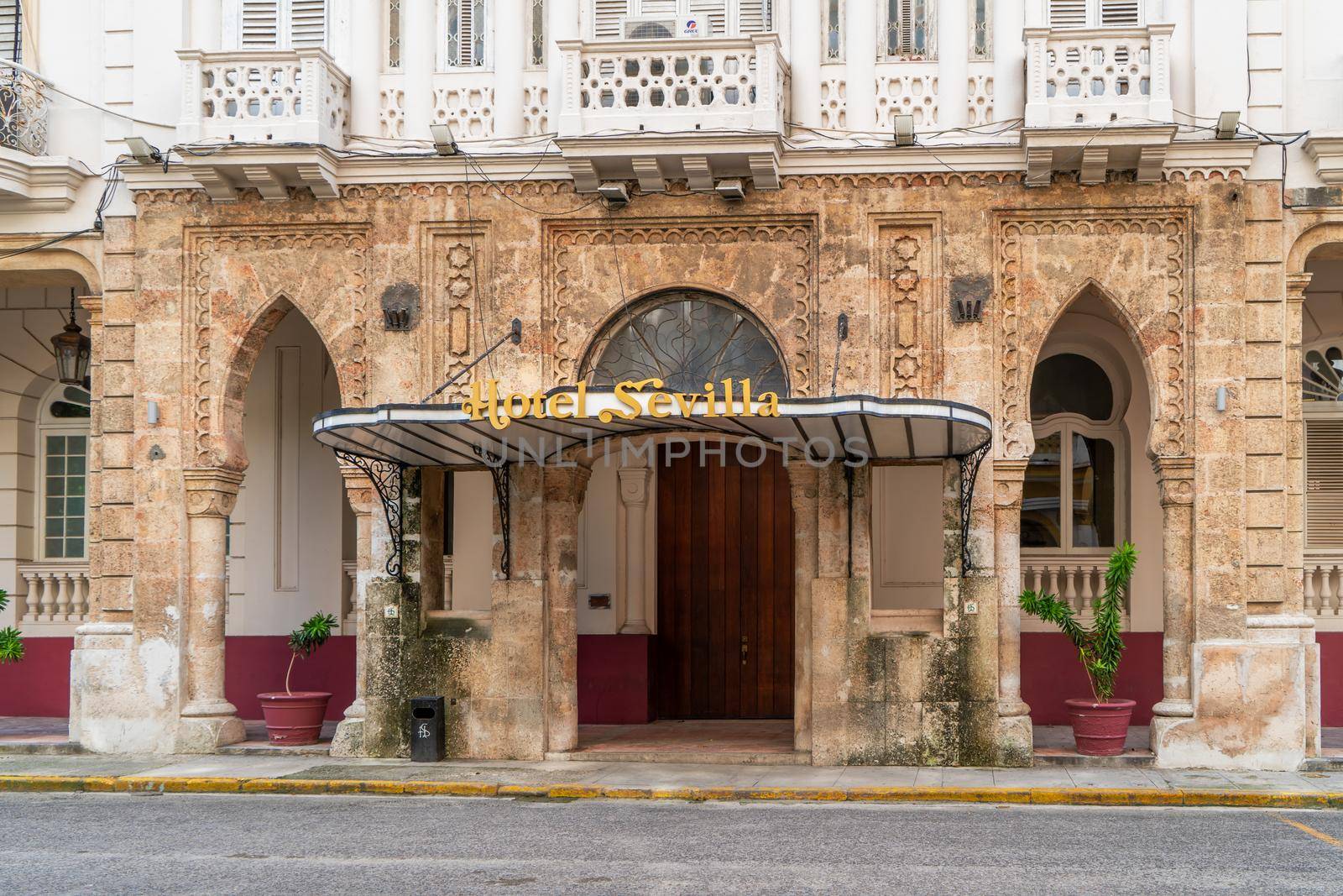 Havana Cuba. November 25, 2020: Exterior view of the facade of the Hotel Sevilla, a place visited by tourists
