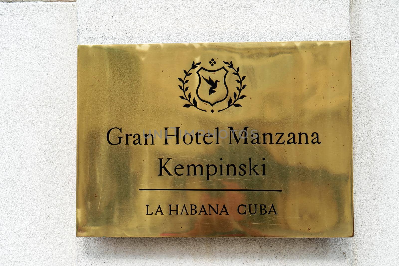 Havana Cuba. November 25, 2020: Metal plaque outside the Gran Hotel Manana Kempinski