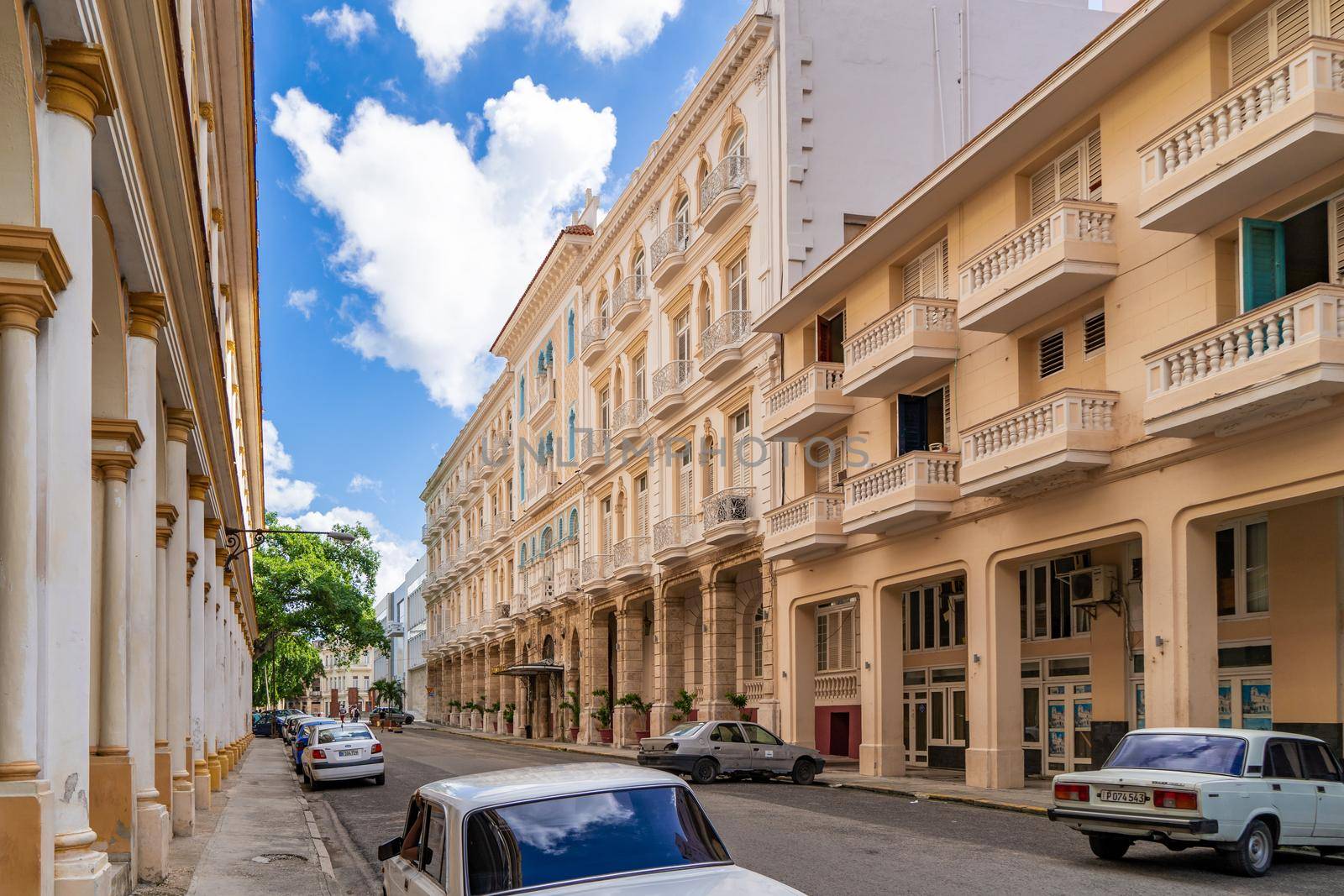 Havana Cuba. November 25, 2020: View of the street and the facade of the Hotel Sevilla, a place visited by tourists