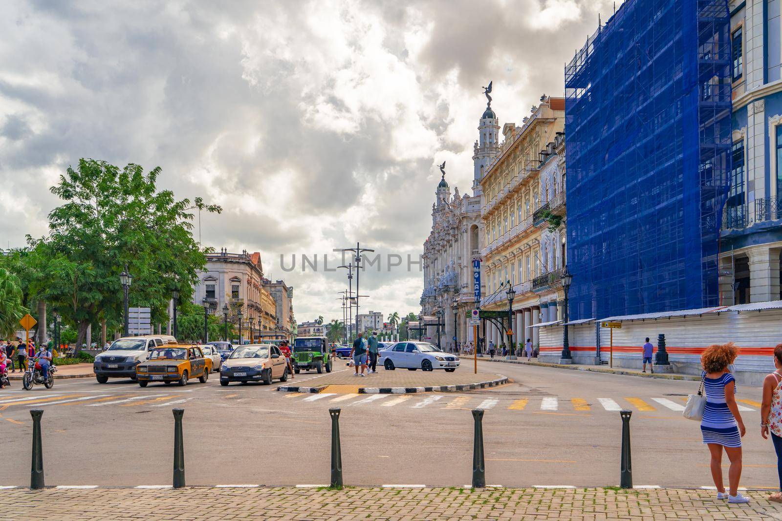 Havana Cuba. November 25, 2020: Horizontal photo of Paseo de Marti Avenue. Colonial buildings on the sides of the avenue, including the Hotel Inglaterra (Ingland hotel), and the Gran Teatro de la Habana (great theater of Havana)