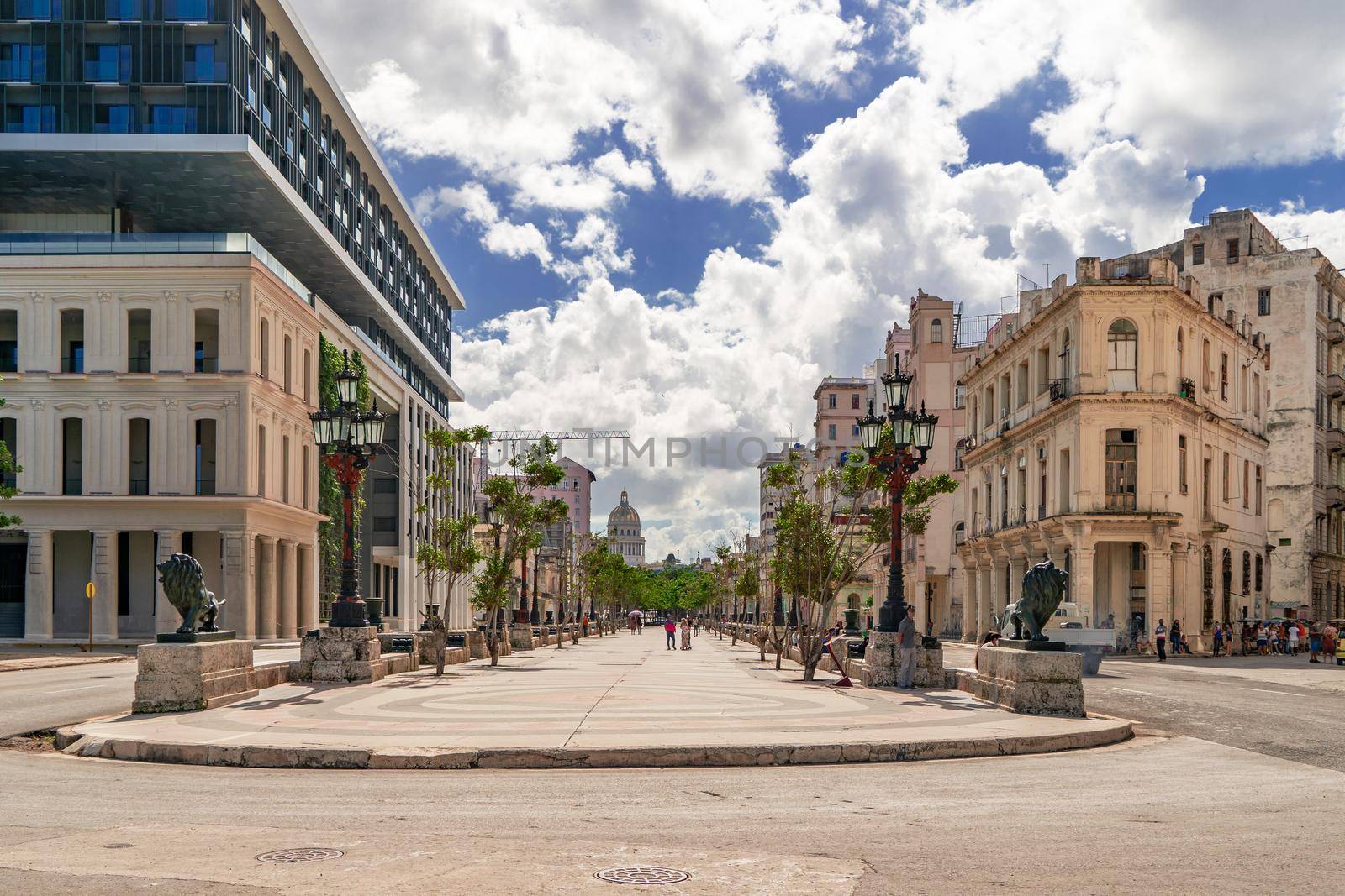 Havana Cuba. November 25, 2020: Paseo del Prado in Havana with trees and benches on its sides, a place very popular with Cubans and tourists