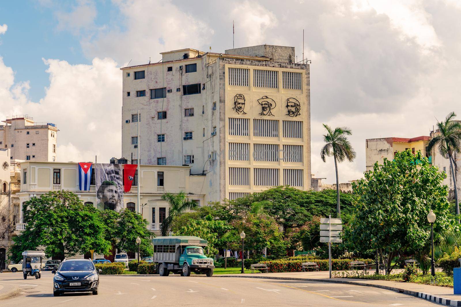 Havana Cuba. November 25, 2020: Building of the Union of Young Communists of Cuba, on its facade the image of Mella, Camilo and Che.