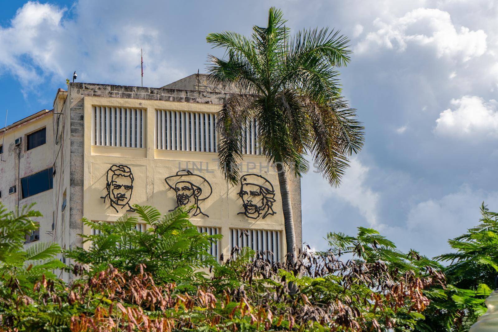 Havana Cuba. November 25, 2020: Image of Mella, Camilo and Che, on the facade of the building of the Union of Young Communists of Cuba
