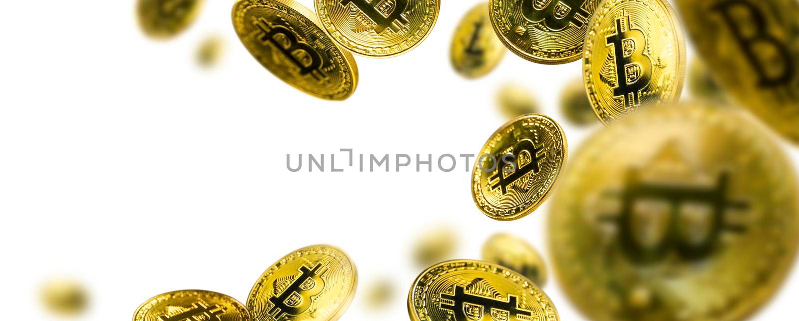 Gold coin Bitcoin levitates on a white background.