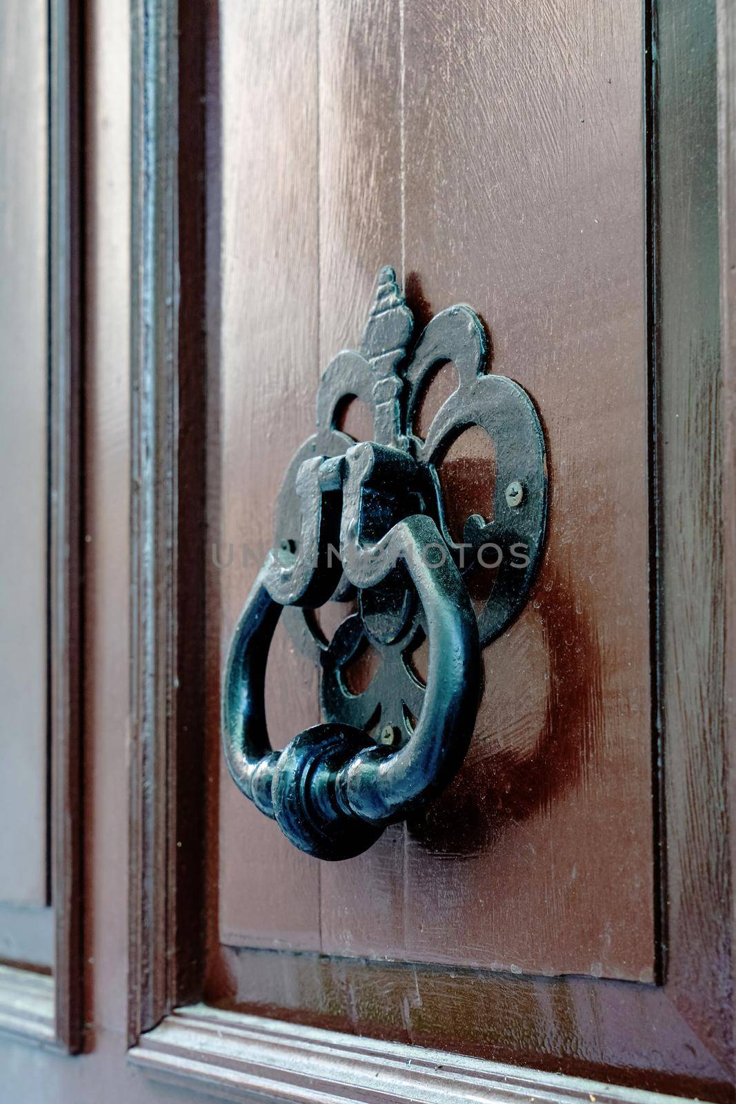 Black knocker on a dark wooden door